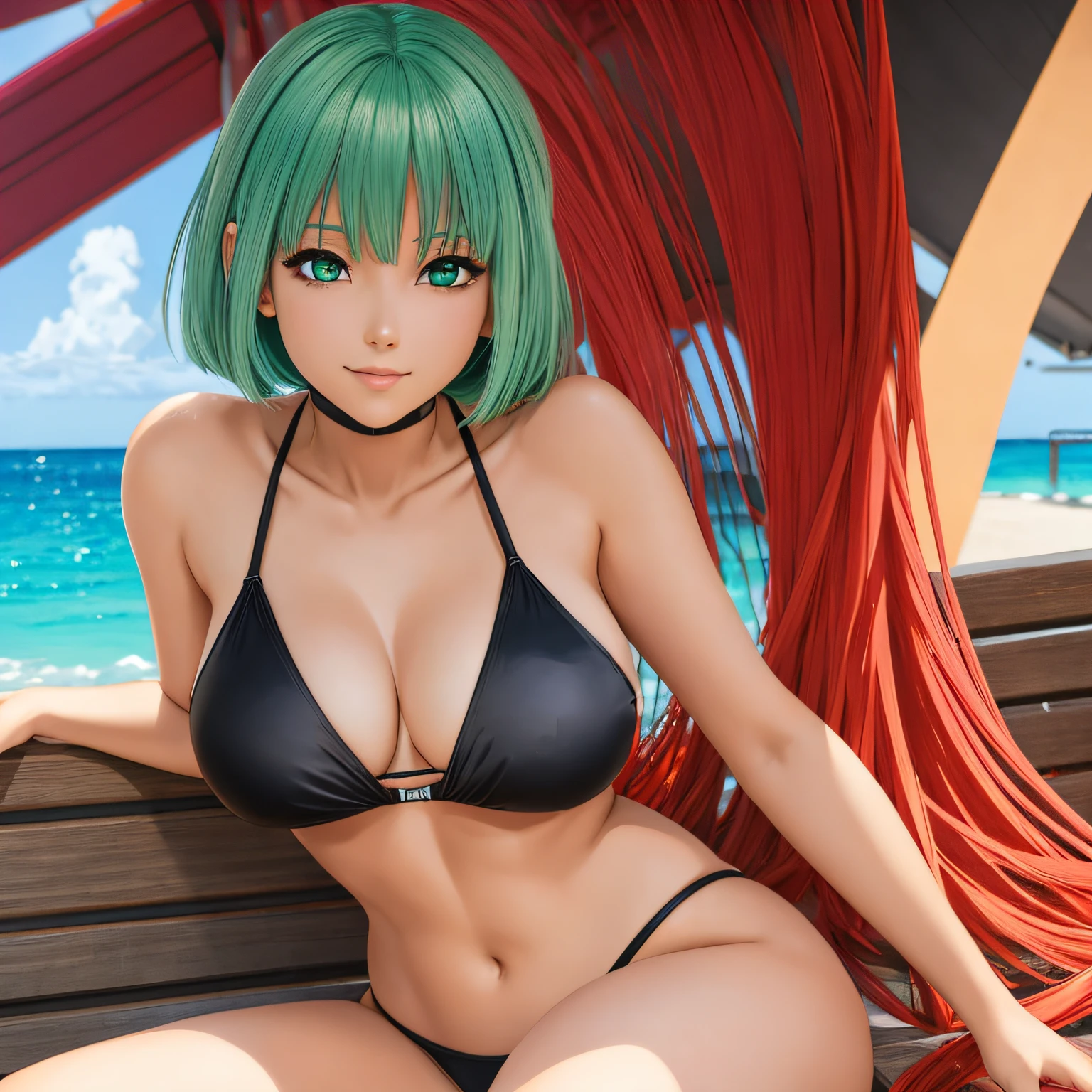 Bikini woman sitting with a red hair, silver bikini, Rei Ayanami, Realistic bikini, mulher de cabelo vermelho curto,  anime sedutora, [ Arte Digital 4K ]!!, anime golden water wallpaper, Ayanami, roupa de banho, | Anime de detalhes finos, Arte Digital Anime, Arte Digital Anime detalhada, salto alto preto, sorrindo, olho verde claro, batom vermelho escuro, de quatro, rosto de uma americana, mostrando a bunda --auto