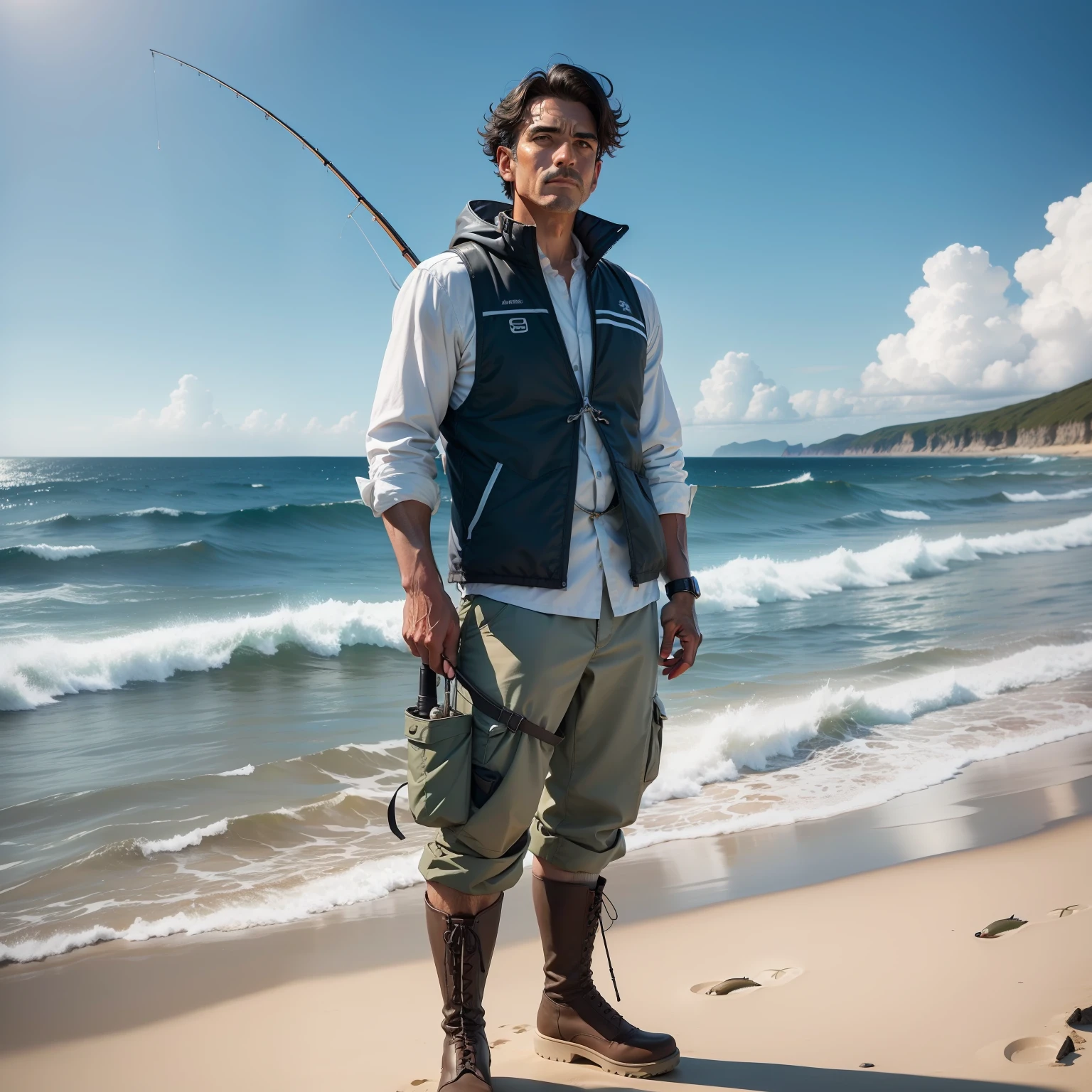 Character: Rafael, the lonely fisherman
Description:
Rafael is a middle-aged man with a robust, sun-tanned appearance. He is standing, steady and calm, at the edge of the sea, deftly holding a fishing rod in his callused hands. His gaze is fixed on the horizon as he absorbs the serenity of his surroundings.
dress:
Rafael wears his own fishing outfit, suitable for facing the waters and the uncertain climate of the sea. He wears a long-sleeved shirt, made of sturdy fabric, with a pattern slightly worn by salt and wind. On top, a padded vest, which gives you extra protection and several pockets to store fishing accessories. His pants are loose fitting and comfortable, allowing freedom of movement, and his feet are protected by sturdy, waterproof leather boots.
Scenario:
The scene unfolds on a quiet beach, with light, fine sand under Rafael's feet. The sea stretches out in front of you, presenting a palette of bluish tones that blend harmoniously with the sky. Gentle waves break on the shore, creating a trail of white foam. Around, some anchored fishing boats add a touch of authenticity to the landscape. --auto