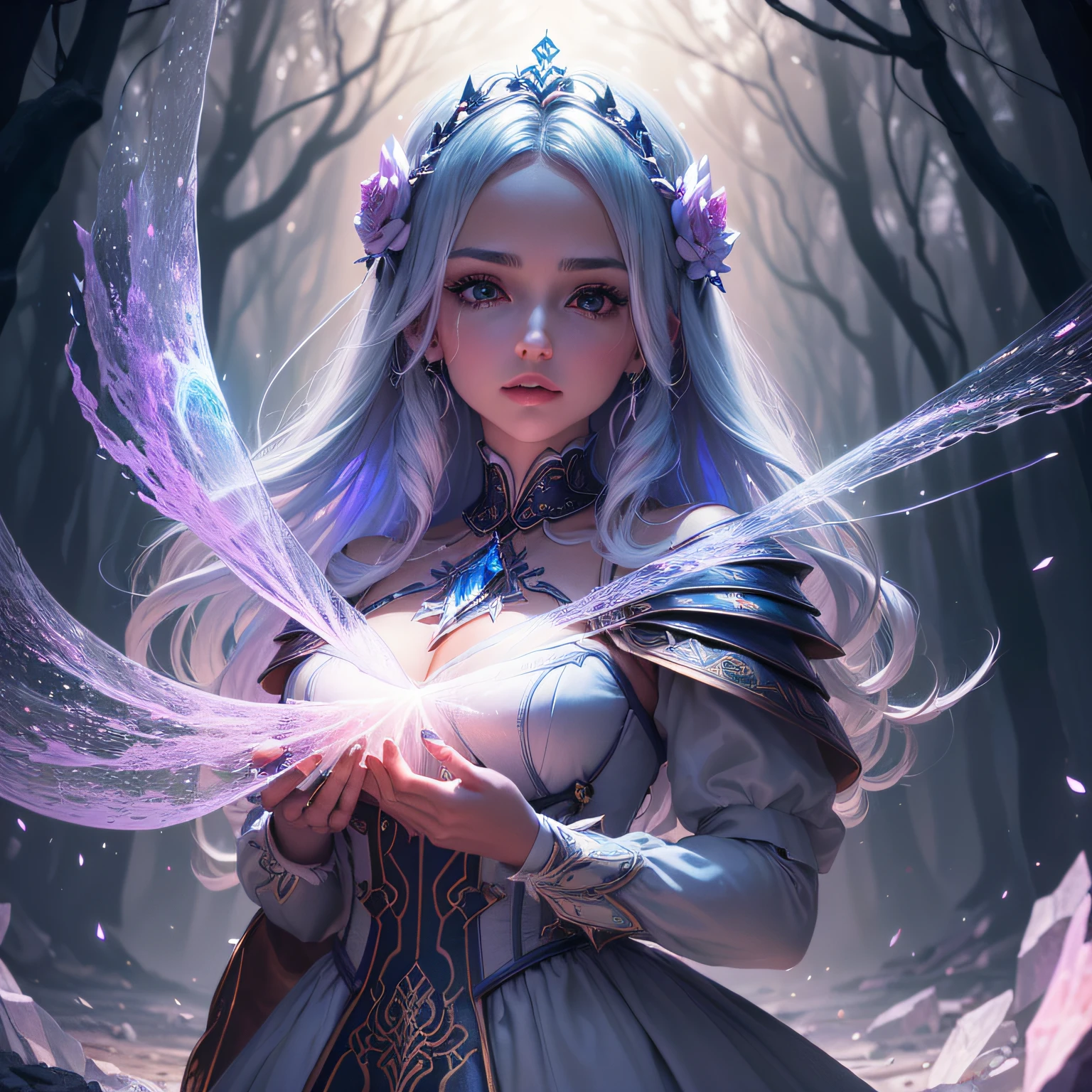 (melhor qualidade, obra-prima, Incredibly elaborate illustration, ultra-detalhada) ((extremamente detalhado CG unidade 8k papel de parede,master part, melhor qualidade, ultra-detalhado),(best ilumination, melhor sombra)(Pintura digital, obra-prima, alta qualidade, feita com cuidado, detalhes ultra detalhados: 1.3, magic lighting, profundidade de campo, Pinceladas delicadas, Fantastical Atmosphere, Ethereal aesthetics) Translucent crystals emanating magic of various colors.