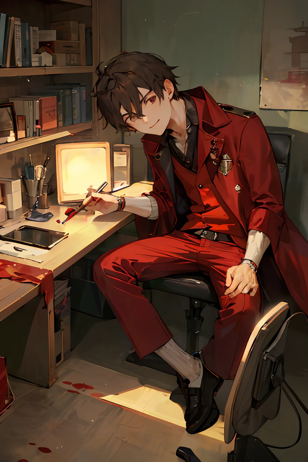 A handsome male high school student studying under a lamp