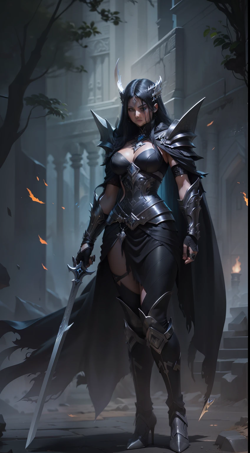 Clad in obsidian armor adorned with intricate silver runes, Blackfire stands tall and imposing. Their ebony cloak billows behind them, and their eyes shine with a piercing intensity. In their hand, they wield a sword crackling with dark arcane energy, a symbol of their dual mastery of magic and swordplay. The essence of shadows seems to dance around them, heightening their mystique.