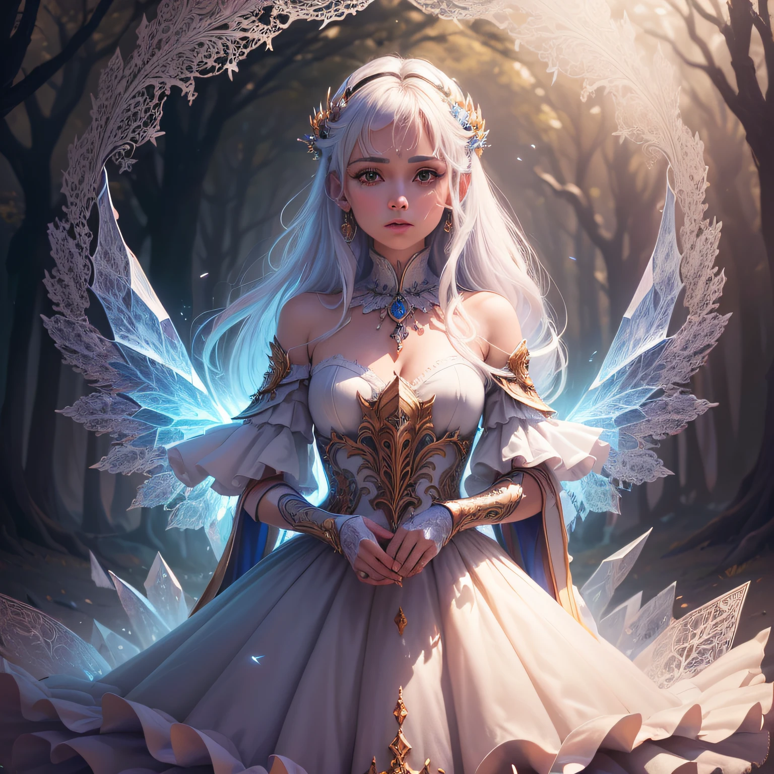 (melhor qualidade, obra-prima, Incredibly elaborate illustration, ultra-detalhada) ((extremamente detalhado CG unidade 8k papel de parede,master part, melhor qualidade, ultra-detalhado),(best ilumination, melhor sombra)(Pintura digital, obra-prima, alta qualidade, feita com cuidado, detalhes ultra detalhados: 1.3, magic lighting, profundidade de campo, Pinceladas delicadas, Fantastical Atmosphere, Ethereal aesthetics) Translucent crystals emanating magic of various colors.