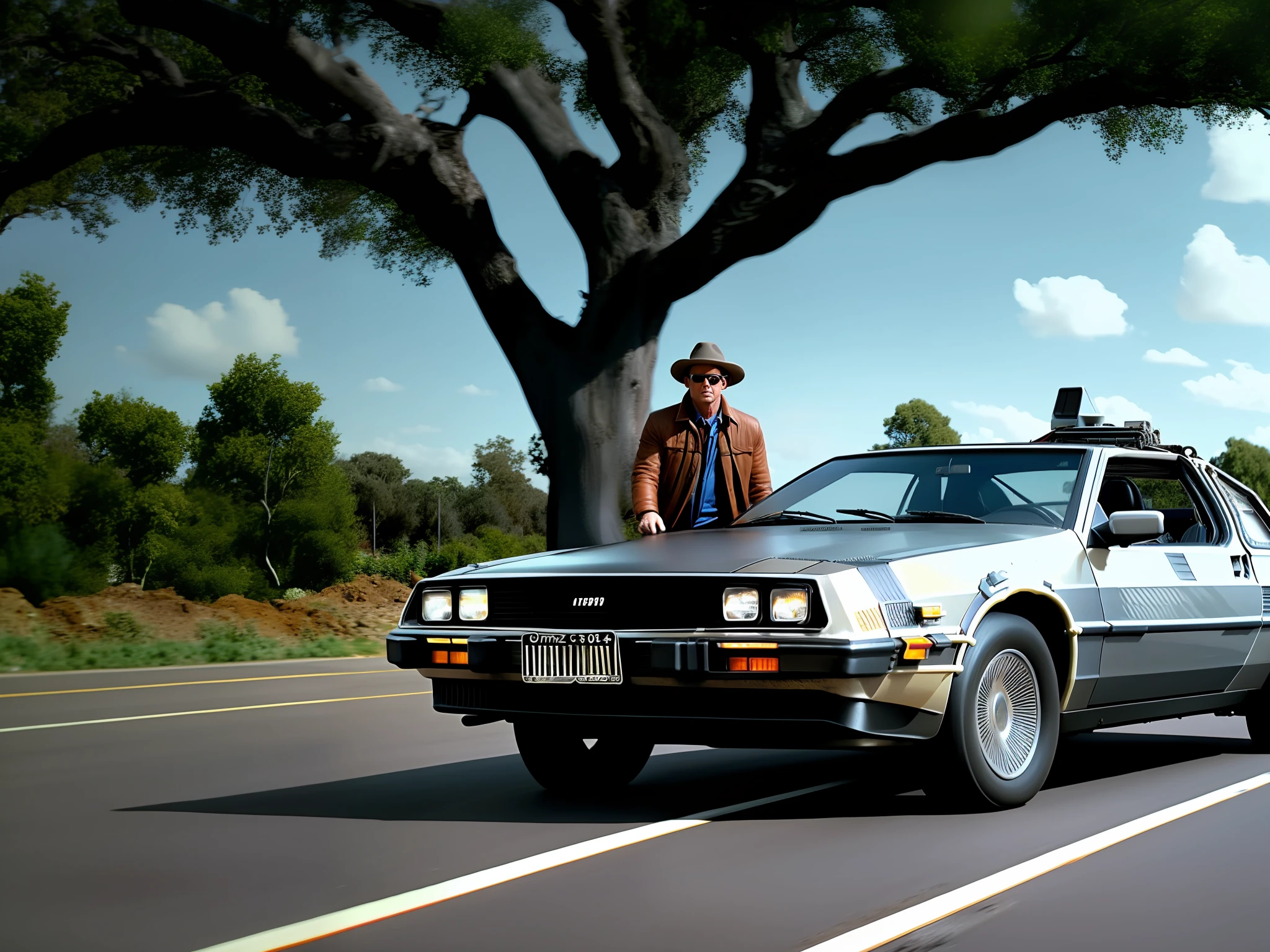 Back to the future movie car scene crossing time Marty Mcflay Emmet brown atmospheric cinematic ultra realistic great quality well detailed masterpiece intricate time travel photorealistic absurdly realistic detailed detailed
