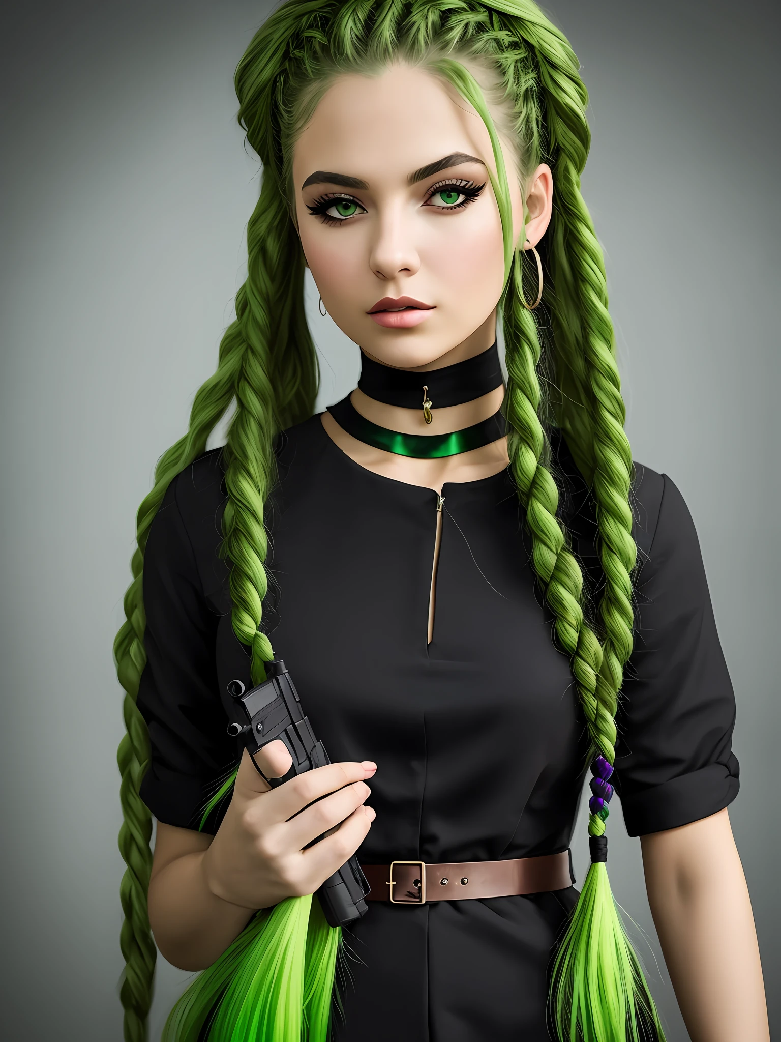 Adult female, musketeer, black eyes, black sexy dress, long braided hair, two cornrows hair, green hair, epic reality, 8K HD, surrealism, gun, green braided hair, white skin, green hair