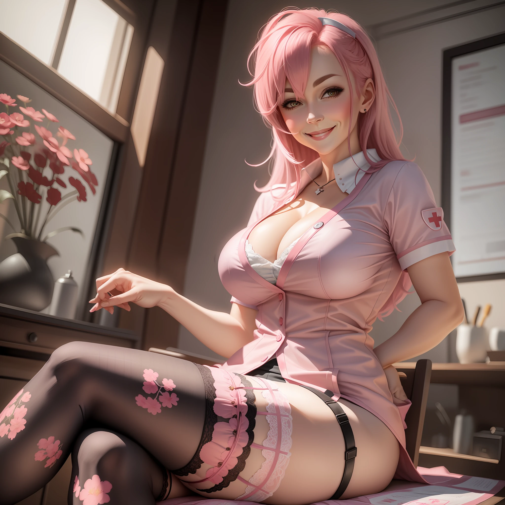 Mature Female, Pink Hair, wearing a nurse outfit, wearing stockings with floral pattern and beautiful garter belts, Sitting, crossed legs, huge breasts, Blushing, Smiling, Looking at Viewer