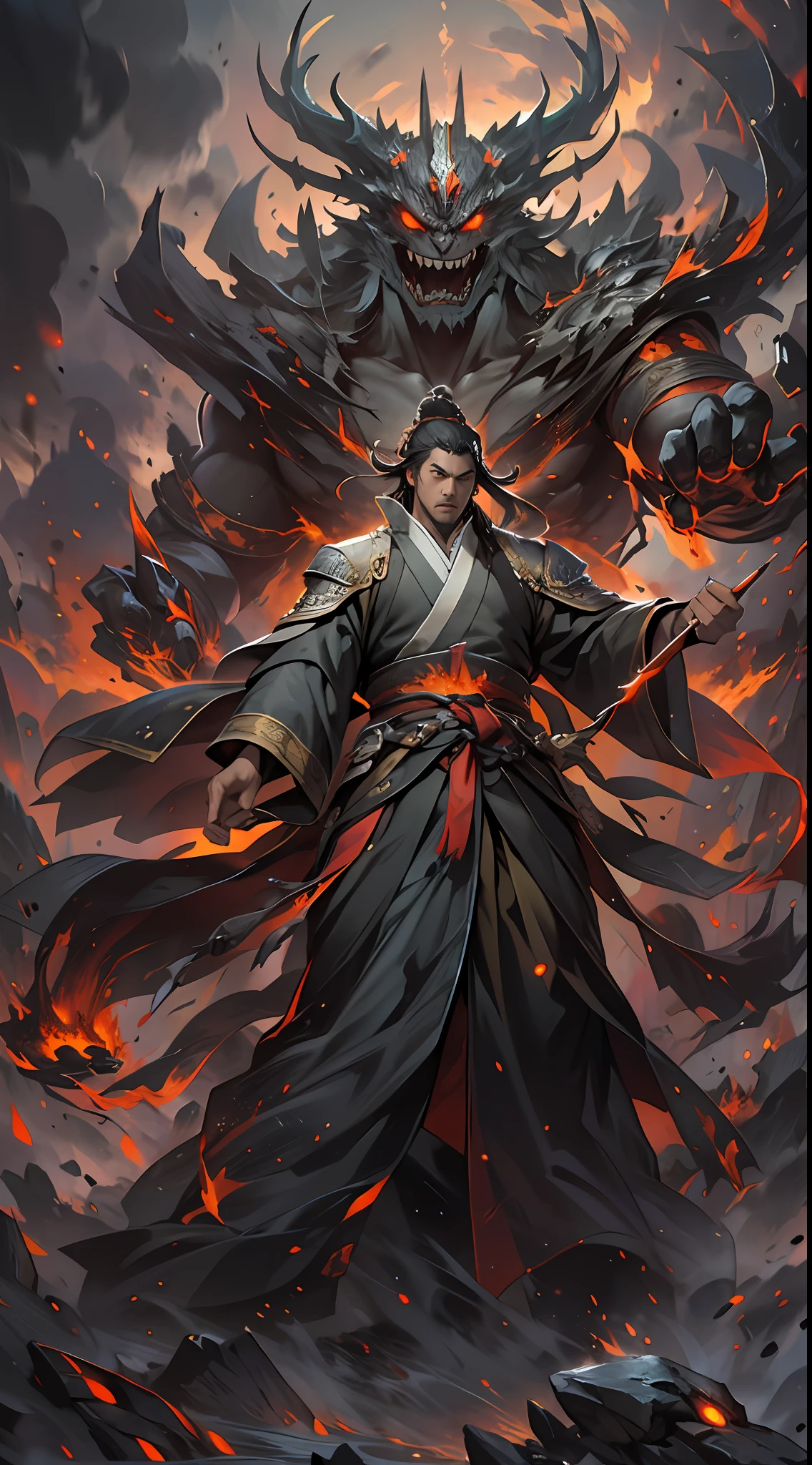 Li Gu bravely faces the self-destruct challenge of the giant evil spirit, his body severely scorched, but he is still alive. There is a look of determination and pain on his face, surrounded by a heroic aura, , 32k, best quality, masterpiece, super detail, high details,