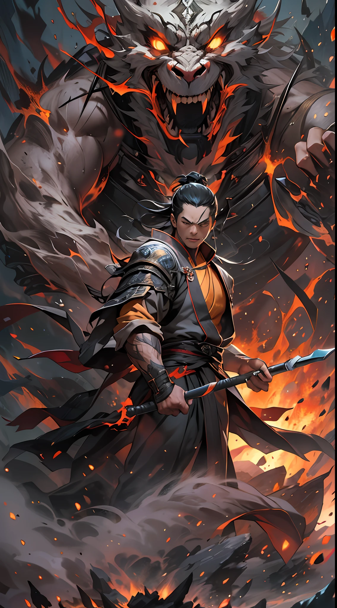 Li Gu bravely faces the self-destruct challenge of the giant evil spirit, his body severely scorched, but he is still alive. There is a look of determination and pain on his face, surrounded by a heroic aura, , 32k, best quality, masterpiece, super detail, high details,