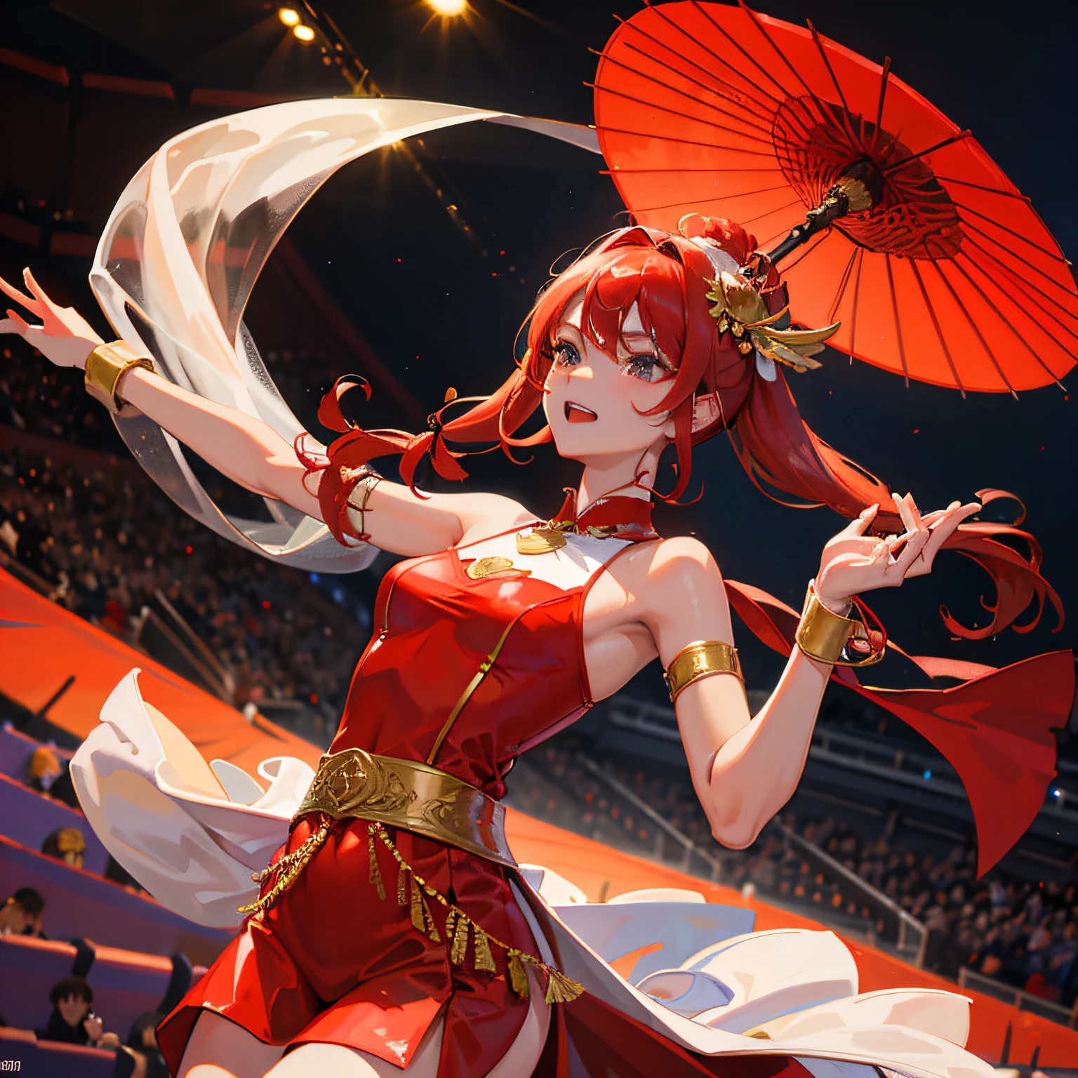 femele，Red clothes，With an umbrella，is dancing，be on stage，There is an audience below，Tang dynasty， Wear rabbit ears