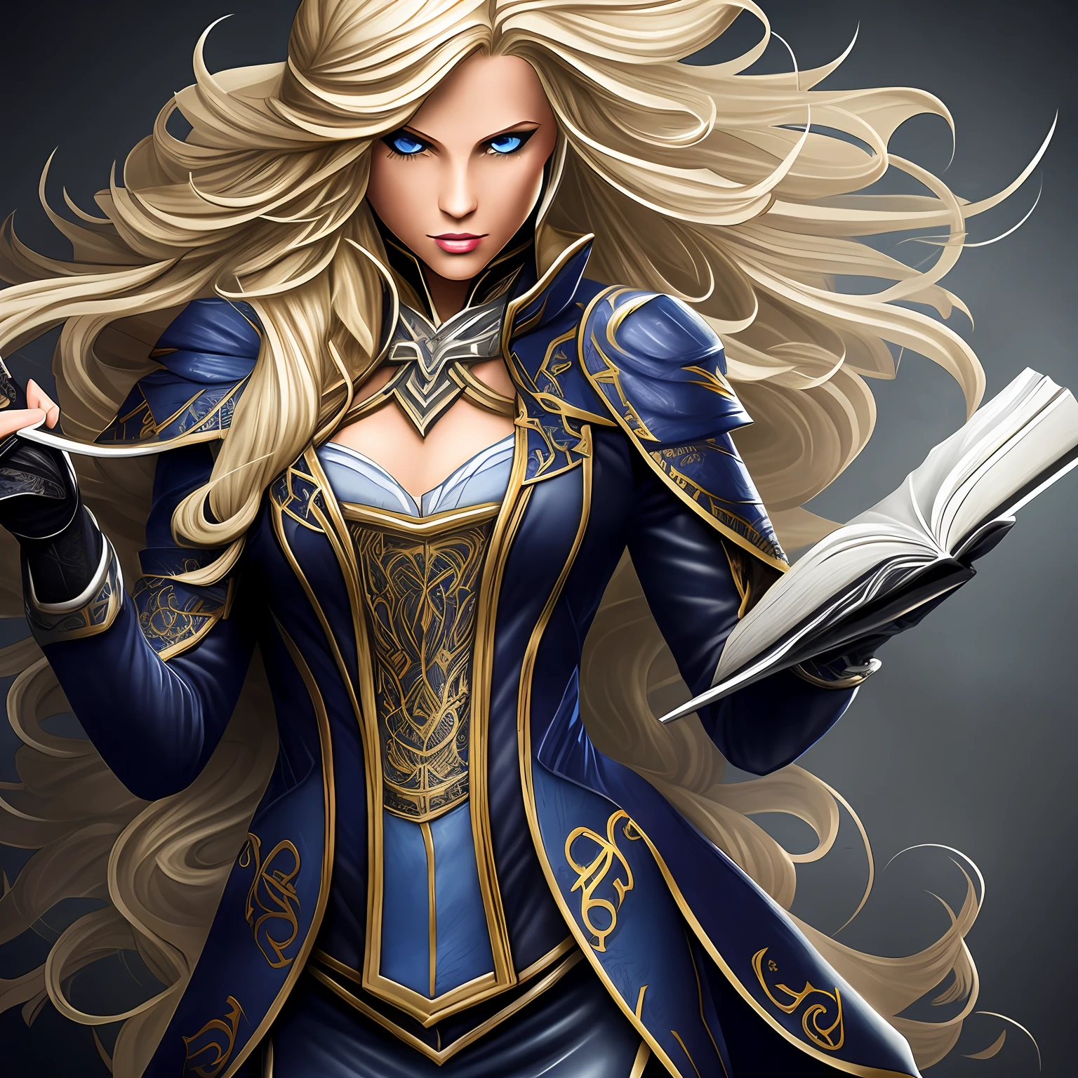 Very detailed graphic quality, tmasterpiece, A sorceress with long blonde hair with blue eyes holds a blade and a book in a leather suit with heels, gray background, High contrast. --auto