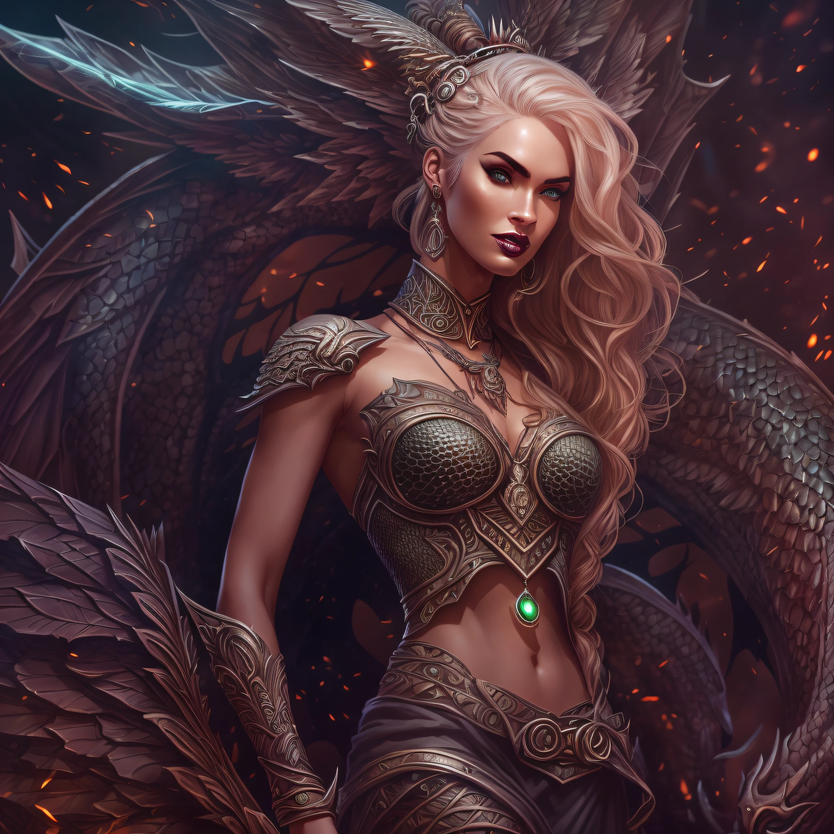 Very complex hyper-maximalist super-detailed cinematic Tribal Darkfantasy Full Body Portrait of a beautiful and angelic young dragon queen Goddess Megan Fox with long blonde windblown hair and wings of dragon scales, Magic the meeting, pale skin and green eyes, smiling succubus flirting confidently seductive, lo gothic, soprada pelo vento cabelo, alto contraste vibrante, por andrei riabovitchev, tomasz alen kopera,moleksandra shchaslyva, peter mohrbacher, Omnious intrincado, octane, moebius, arney freytag, Fashion photo shoot, pose glamorosa, trending on ArtStation, lighting dramatic, gelo, fire and smoke, simbolismo ortodoxo Diesel punk, mistborn, environment occlusion, volumeric lighting, Lord of the Rings, BioShock, glamoroso, emocional, tatuagens, filmed in a photographic studio, Professional studio lighting, retroiluminado, Deviant-art rim lighting, hyperdetailed illustration, 8k --auto