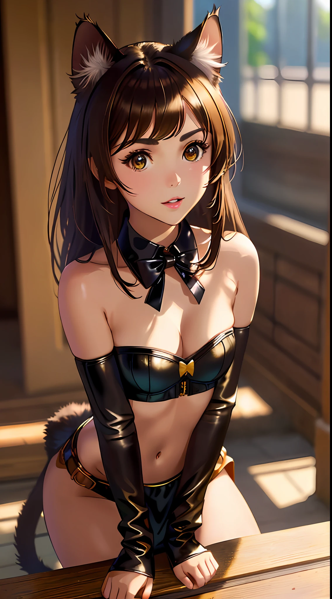 masterpiece, best quality, 8k, sharp focus, depth of field, best shadows, perfect lights, HDR, realistic skin texture, hyper detailed background, inspired by Poppy Drayton, strapless, cleavage showing flat chest, warm skin, ecchi face, yuri, ecchi, at a random scenario, ((cosplaying as a cat girl)) ((small breasts)), leather