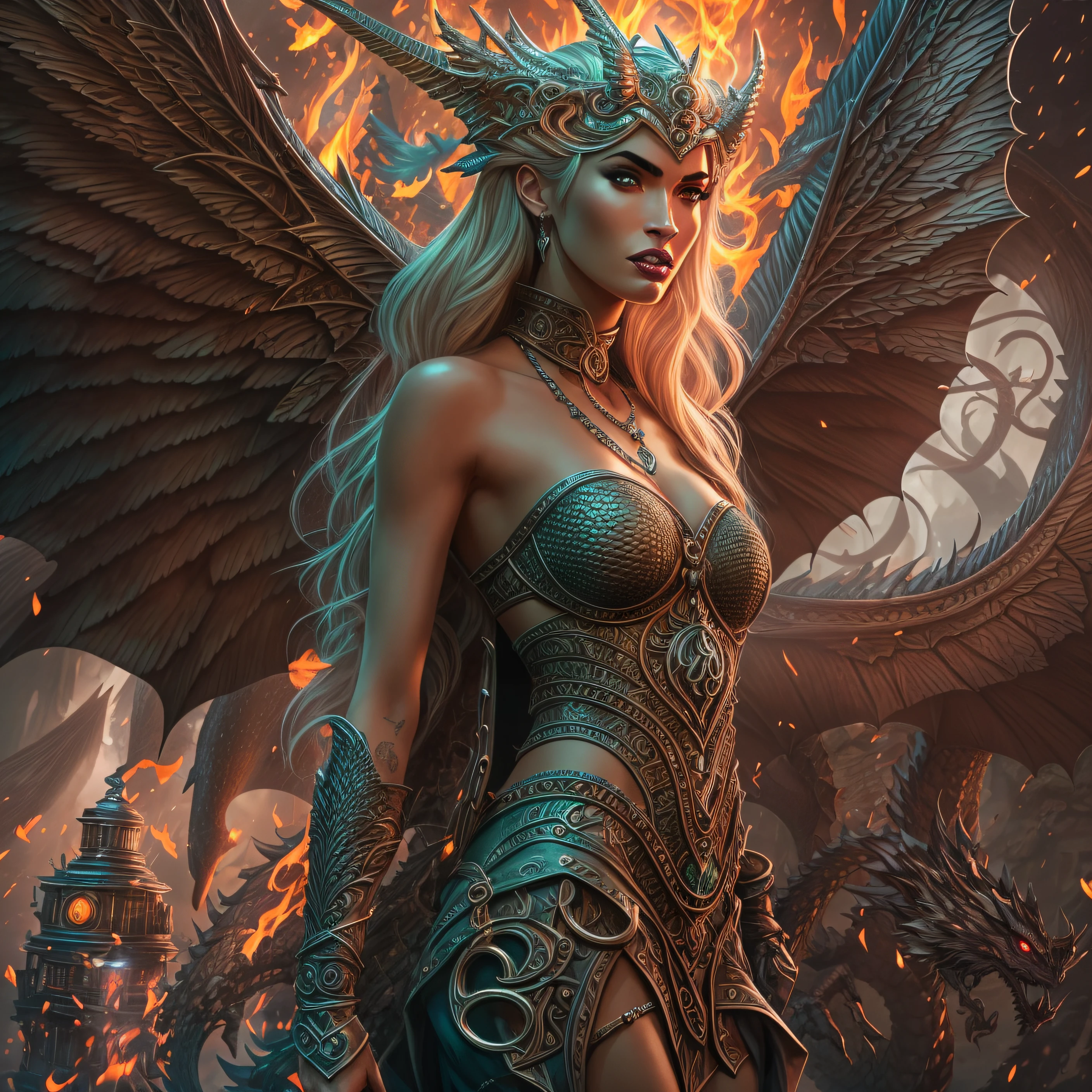 Very complex hyper-maximalist super-detailed cinematic Tribal Darkfantasy Full Body Portrait of a beautiful and angelic young dragon queen Goddess Megan Fox with long blonde windblown hair and wings of dragon scales, Magic the meeting, pale skin and green eyes, smiling succubus flirting confidently seductive, lo gothic, soprada pelo vento cabelo, alto contraste vibrante, por andrei riabovitchev, tomasz alen kopera,moleksandra shchaslyva, peter mohrbacher, Omnious intrincado, octane, moebius, arney freytag, Fashion photo shoot, pose glamorosa, trending on ArtStation, lighting dramatic, gelo, fire and smoke, simbolismo ortodoxo Diesel punk, mistborn, environment occlusion, volumeric lighting, Lord of the Rings, BioShock, glamoroso, emocional, tatuagens, filmed in a photographic studio, Professional studio lighting, retroiluminado, Deviant-art rim lighting, hyperdetailed illustration, 8k --auto