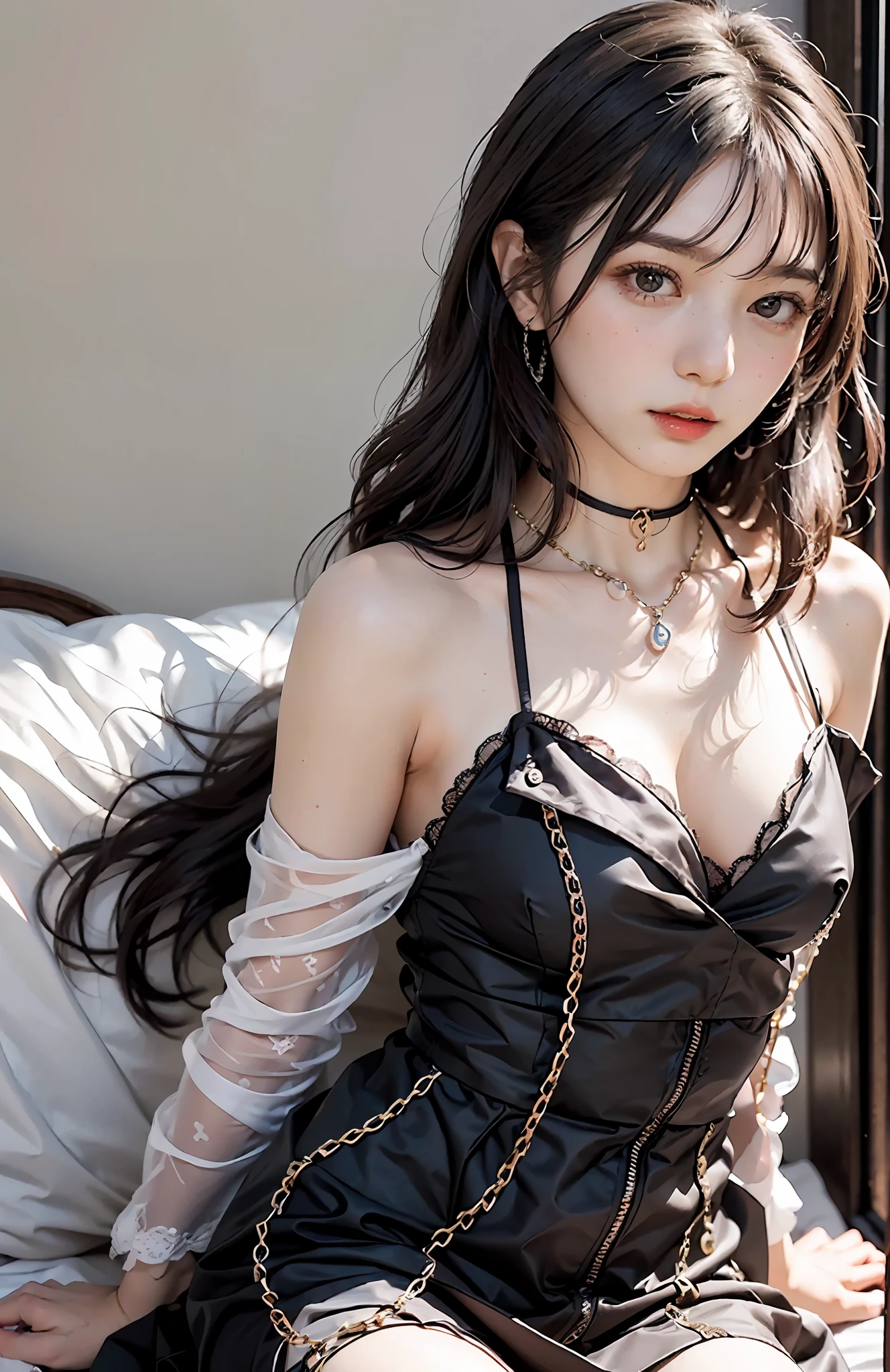 ((top-quality、masterpiece:1.3))、sharp:1.2、Perfect Body Beauty:1.4、((Layered hairstyle))、(doress:1.1)、Highly detailed facial and skin texture、Detailed eye、(chains:1.3)、二重まぶた、((Longhaire:1.5))、(brown haired)、(well-groomed bangs:1.2)、((One Woman))、((srestrained))、(Chaining:1.2)、((full body Esbian))、Black eyes、Nanjing ingot、A bracelet、耳Nipple Ring、a choker、Chain Accessories、chain、gyuru、full body Esbian、((Black Bed:1.3))、Cuffed、