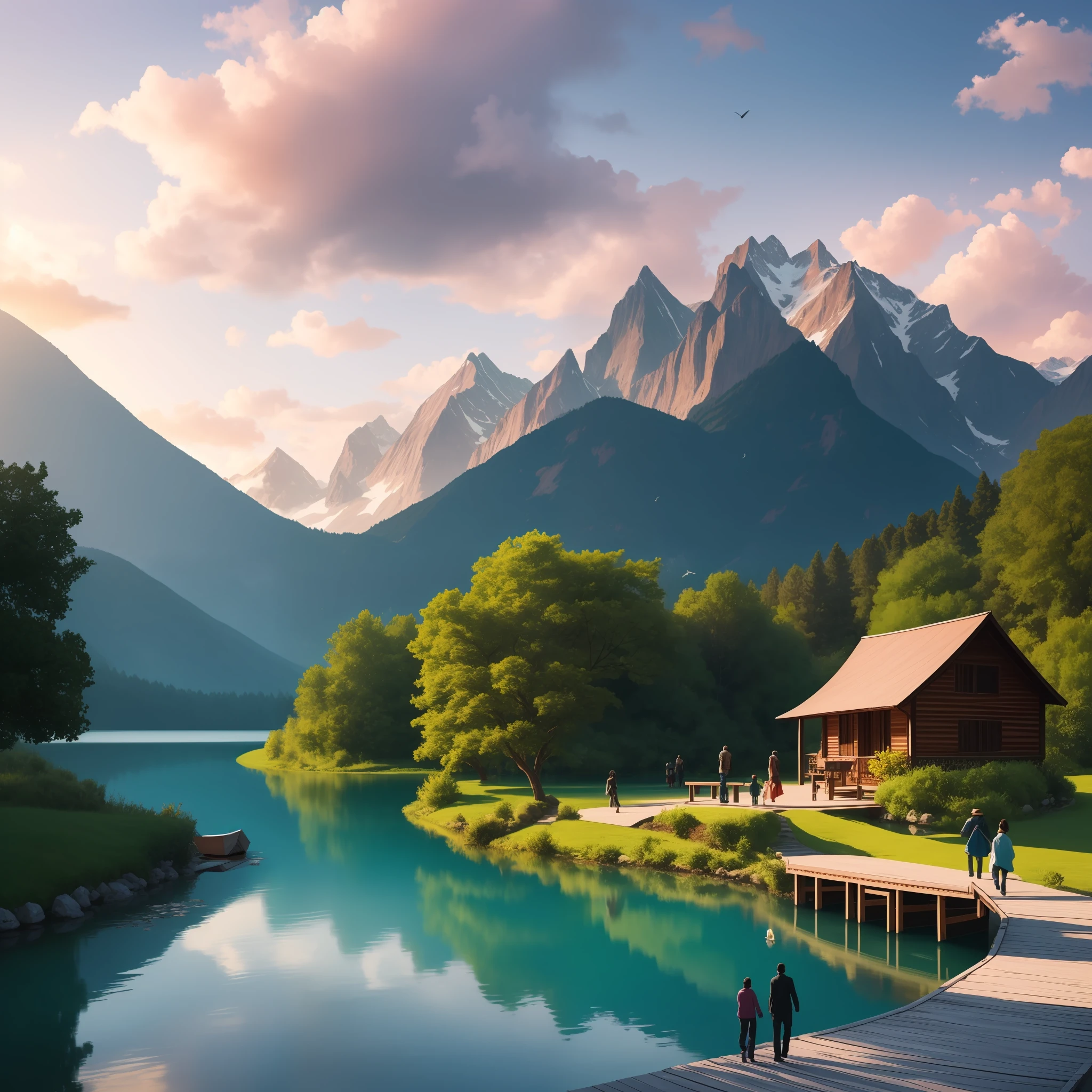 A beautiful view, ice mountain, lake front of mountains, there's a small wooden house, a man and a woman walking, a beautiful fountain coming from mountains, there's a small wooden boat in lake, fishes, hyper realistic, light pink weather, clouds, wooden bridge, birds, --auto