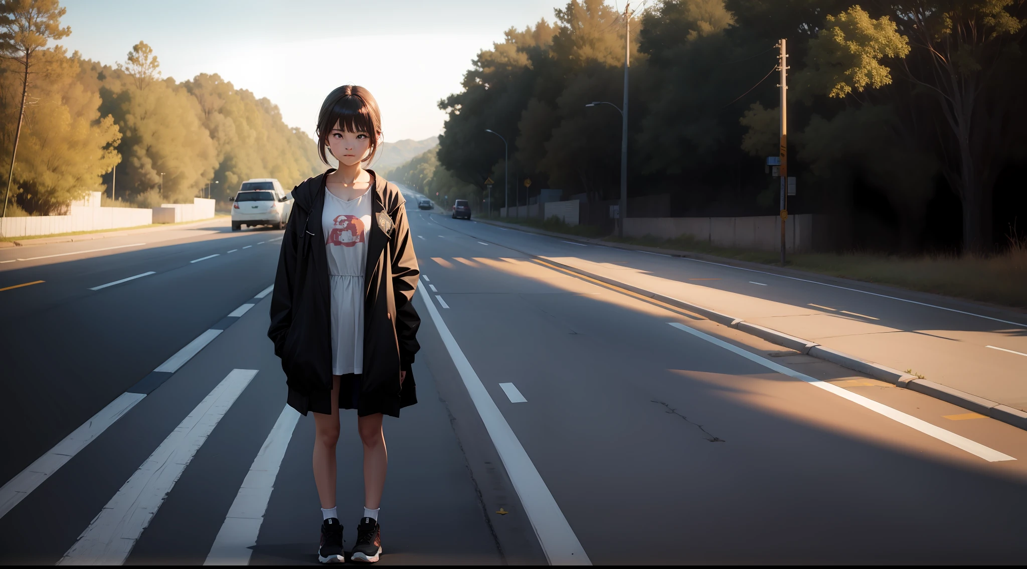 A girl stood on the side of the road，