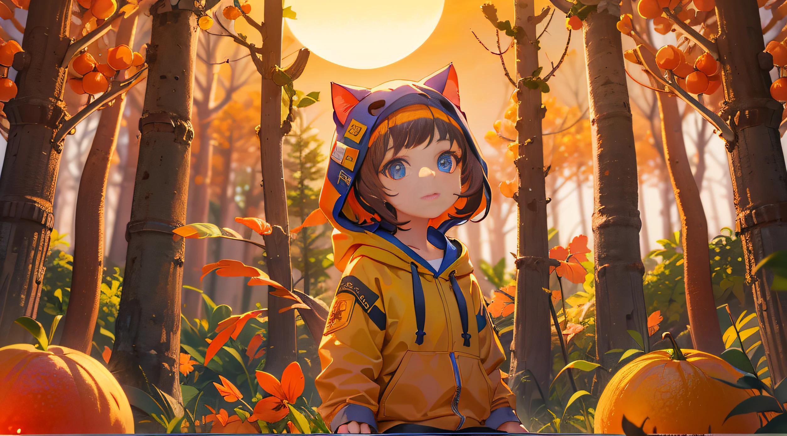 One Little Girl,Very smart and beautiful。She wears a cat hoodie。There is a forest in the background。Sunset West/The sky is full of oranges,octaneratingrendering,Arnold 3D rendering,The character concept art is exquisite and delicate,Award-winning digital painting