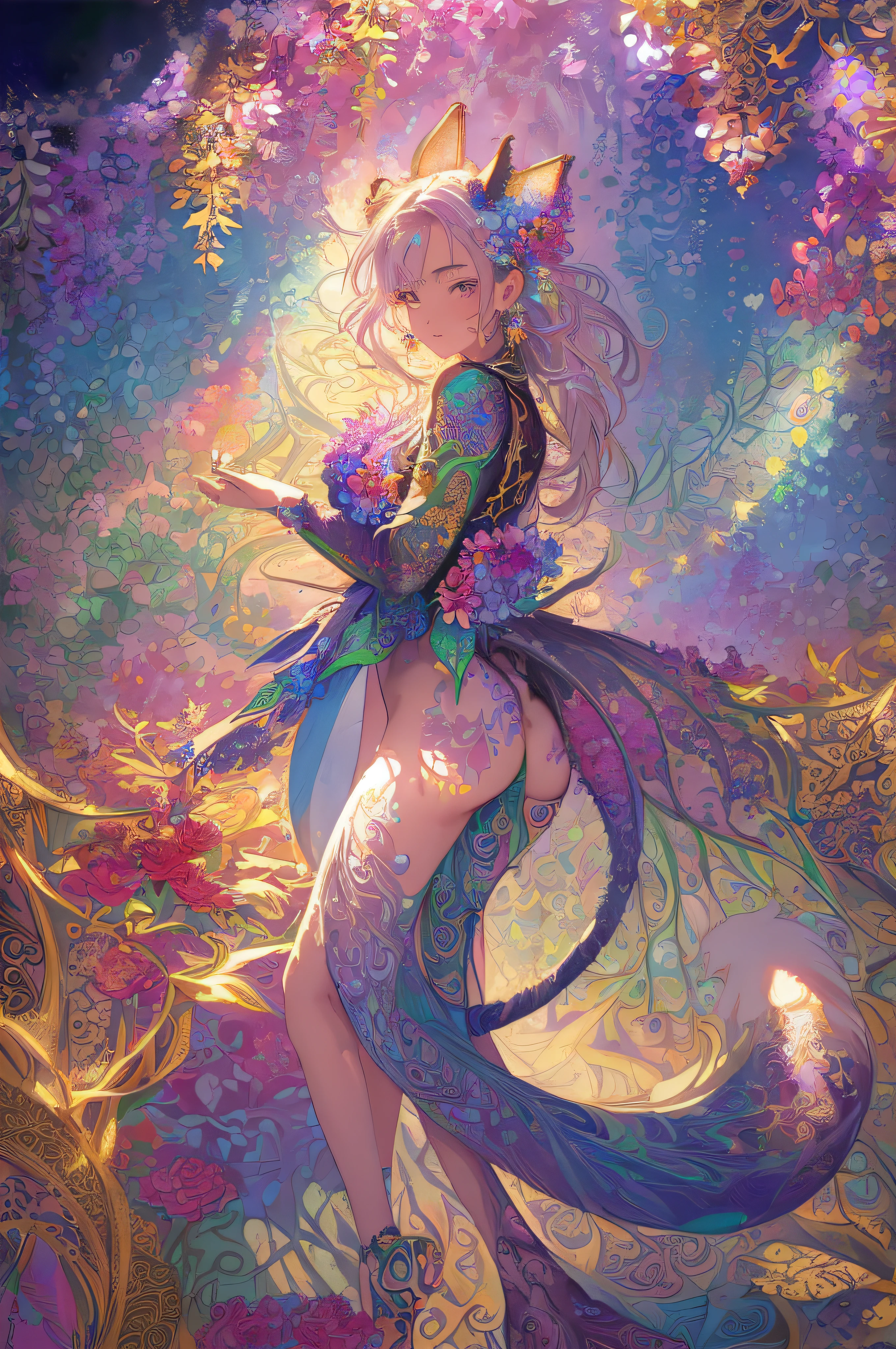 (masterpiece,beautiful and aesthetic:1.2), (1girl:1.3), extremely detailed,(fractal art:1.1),(colorful:1.1)(flowers:1.3),highest detailed,(zentangle:1.2), (dynamic pose), (abstract background:1.3), (shiny skin), (many colors:1.4),(earrings), (tail of light :1.5),ivy frame,