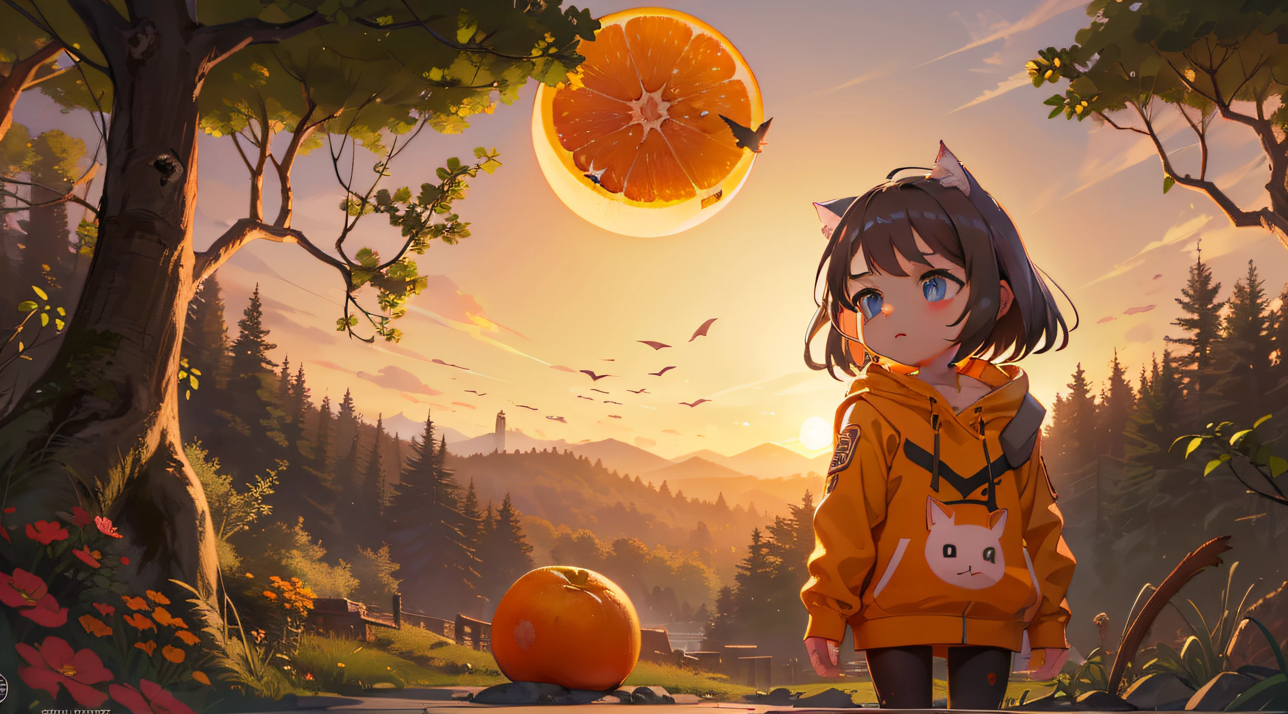 One Little Girl,Very smart and beautiful。She wears a cat hoodie。There is a forest in the background。Sunset West/The sky is full of oranges,octaneratingrendering,Arnold 3D rendering,The character concept art is exquisite and delicate,Award-winning digital painting