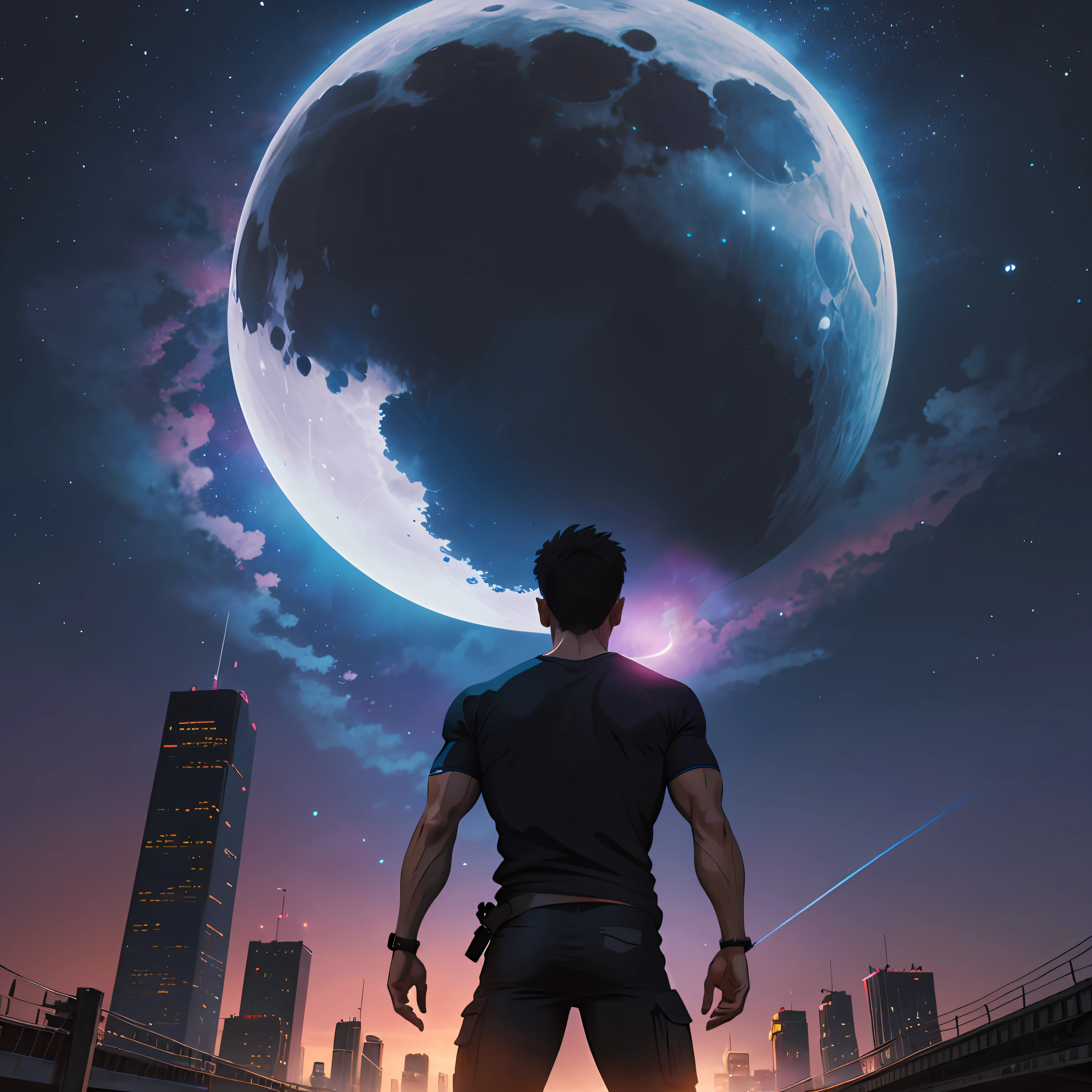 The male、Wear a T-shirt、The body is strong and powerful、Guard the city、Stand under the night sky、In the distant sky, the moon is shattering --auto