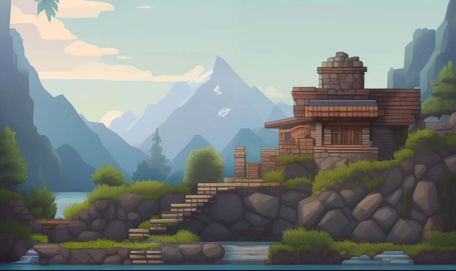 video game environment, Produce an image of a charming and cozy (best quality, masterpiece), (2D Flat Platform game)2D platform game background layered background of evening in foothill of Himalayas, (Front View of Long House), Low stone wall, Stone tile path going laterally across screen, Nepal, Dhampus, cloud, sun, mountain, game stage style