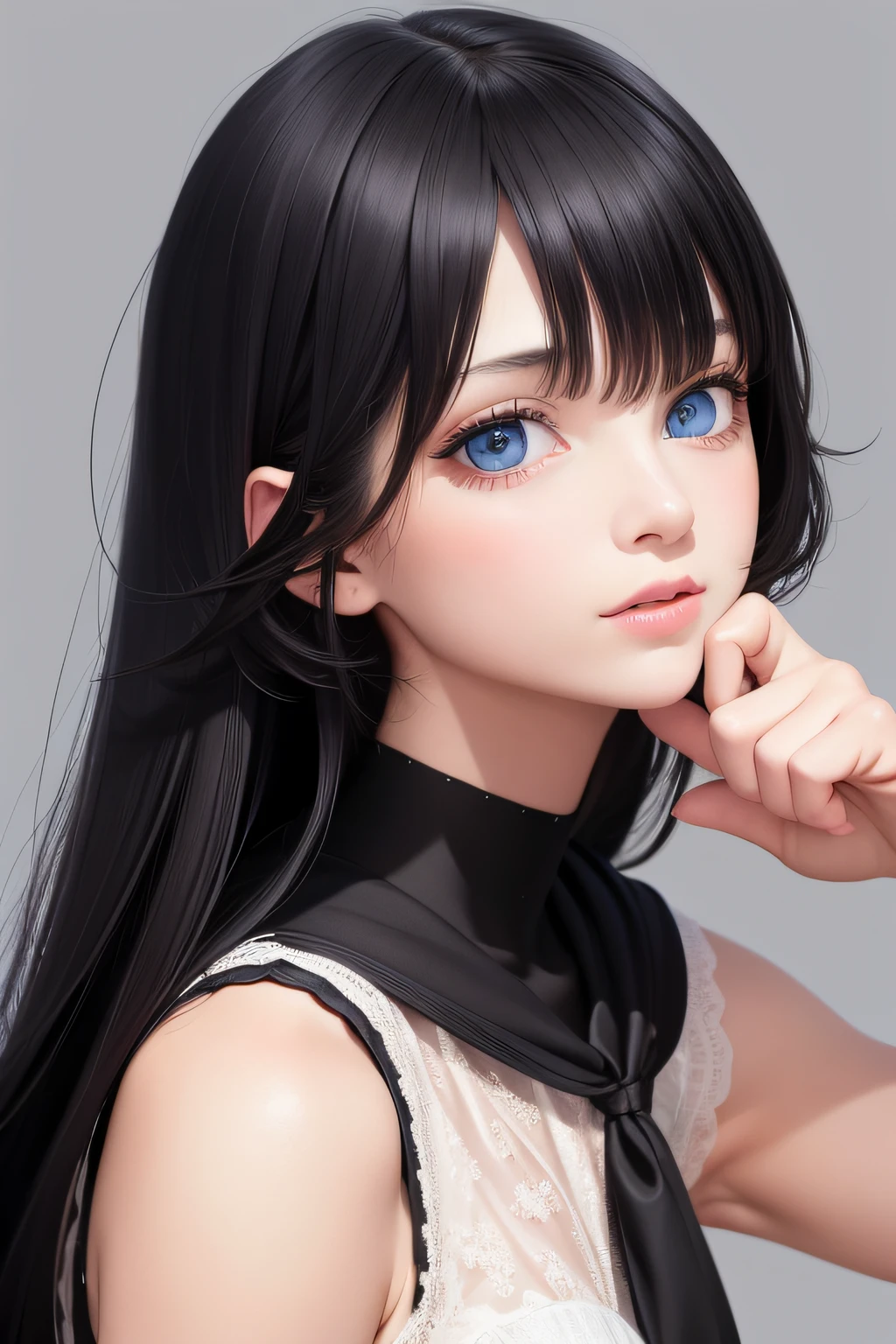 best quality, masterpiece, black hair, blue eyes, looking up, upper body