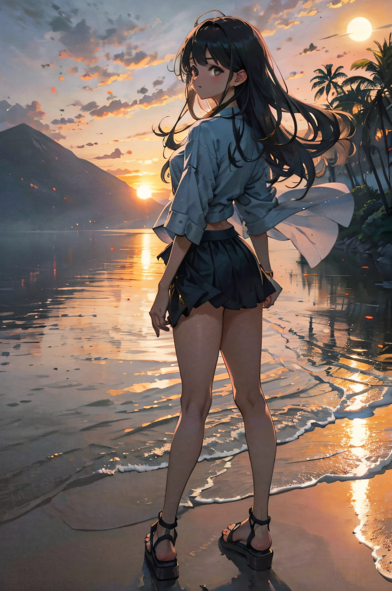 Woman watching sunrise on island、Rear head、Dazzling Sun Path、a miniskirt、summer clothing、A dark-haired、Quiet and fantastic、photoRealstic、and is wearing sandals、Wide sky