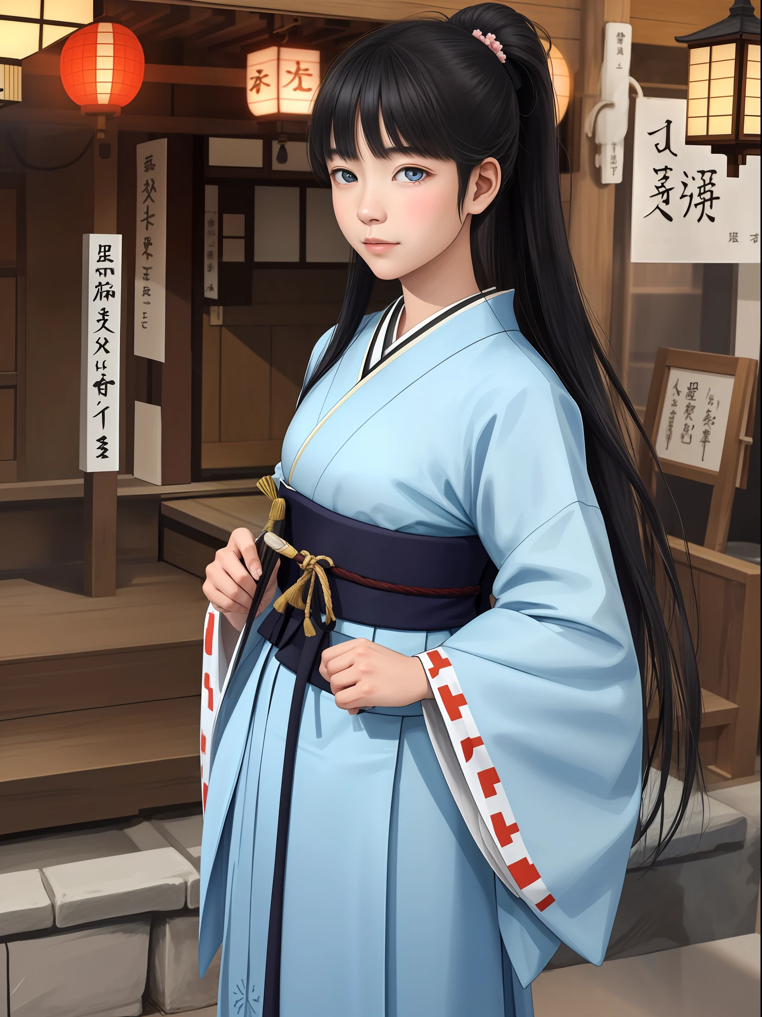 Japan baby girl (masterpiece、side lights、Beautiful Eyes of Details:1.2)、portlate、realisitic、3D顔、shinny skin、 A dark-haired、Female students in the Japan of the Taisho period、Hakama Taishō、Black Long Hair、bluntbangs、 Japanese houses、is standing、cowboy shot、 sportrait