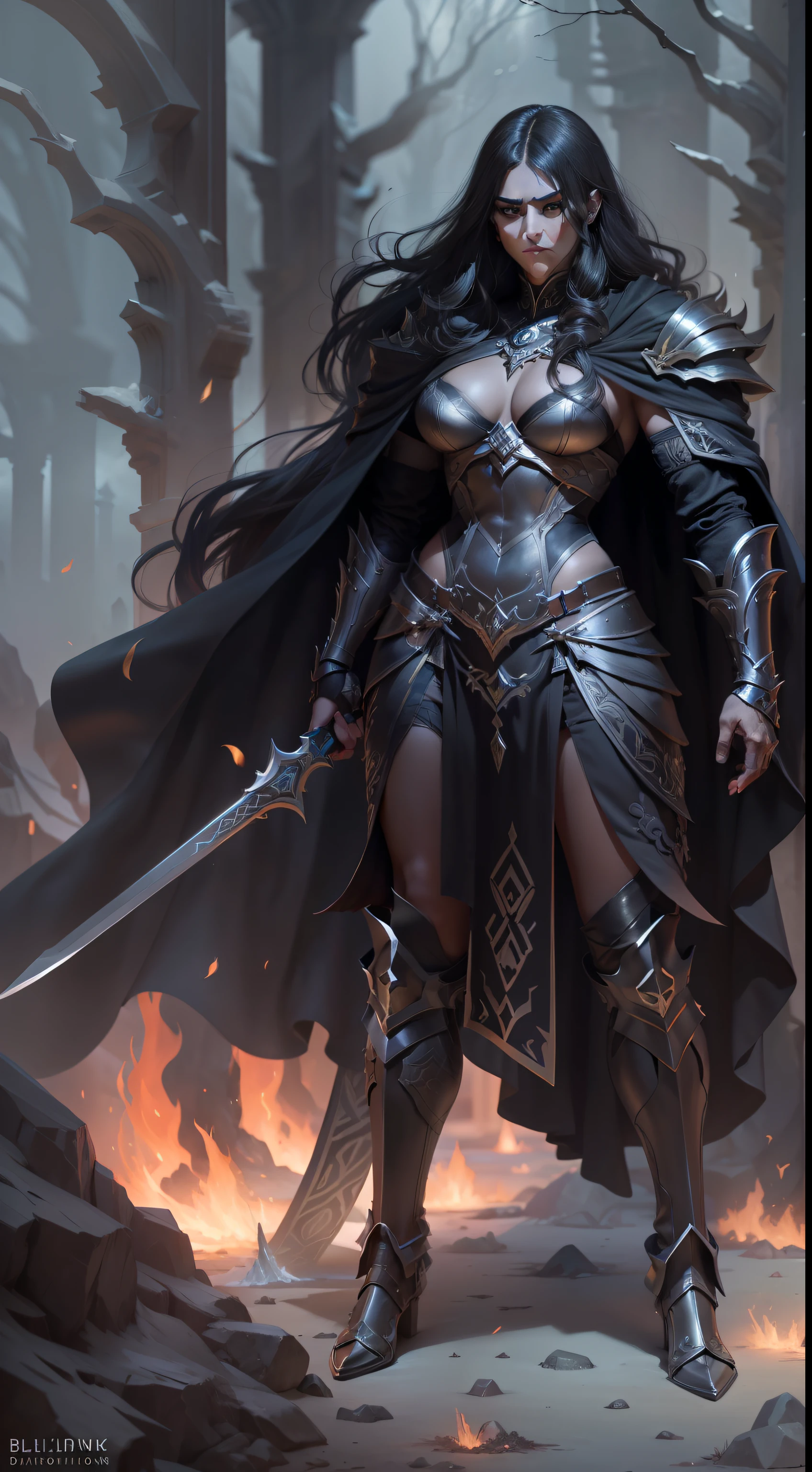 Clad in obsidian armor adorned with intricate silver runes, Blackfire stands tall and imposing. Their ebony cloak billows behind them, and their eyes shine with a piercing intensity. In their hand, they wield a sword crackling with dark arcane energy, a symbol of their dual mastery of magic and swordplay. The essence of shadows seems to dance around them, heightening their mystique.