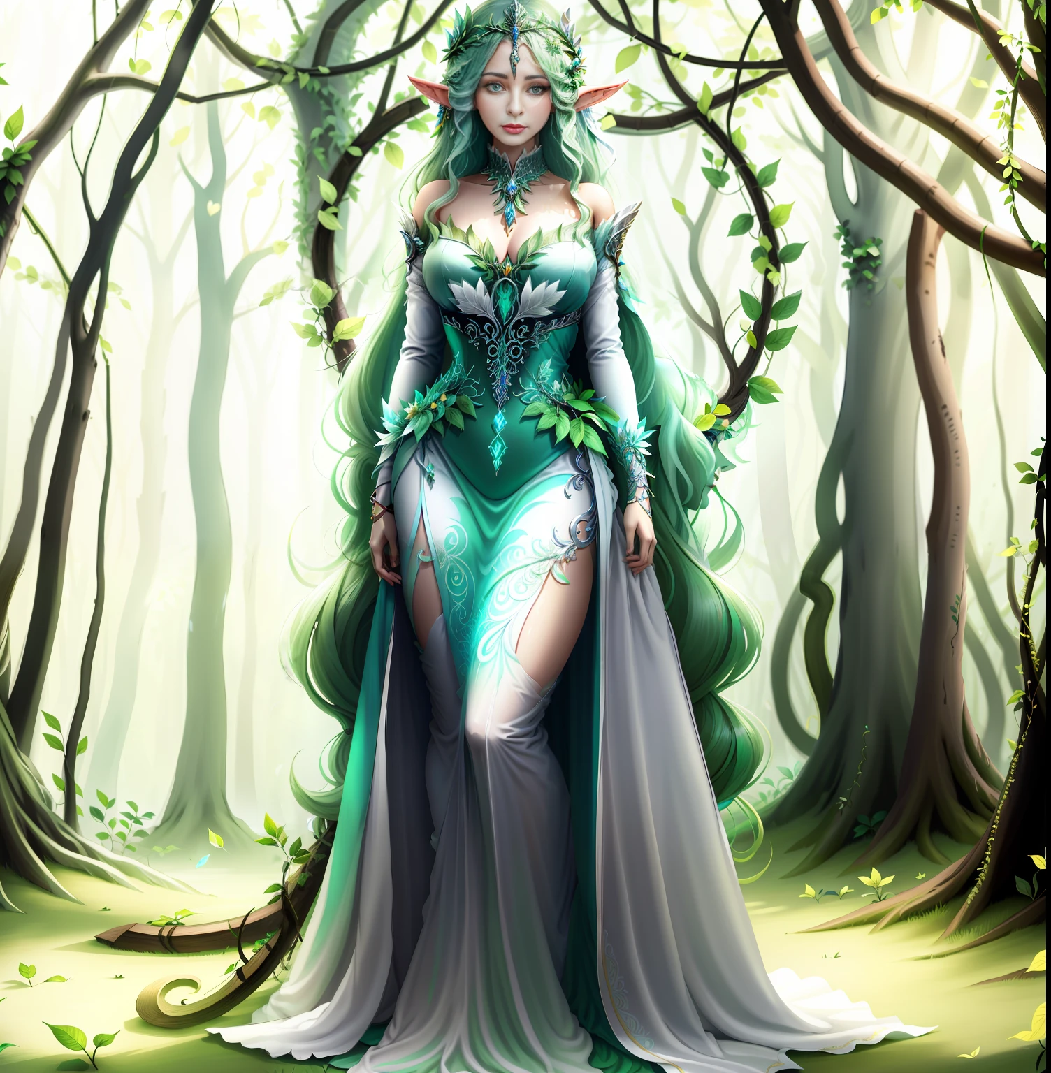 Mulher arafed em um vestido verde em uma floresta, Deusa da Floresta, Rainha da Floresta, fey queen of the summer forest, Deusa da Natureza, Rainha da Natureza, Dryad in the forest, Dryad elegante e bonita, deusa da natureza, Sacerdotisa elfa, Mitologia da Deusa da Terra, Rainha elfa bonita e elegante, muito bonito elven top model