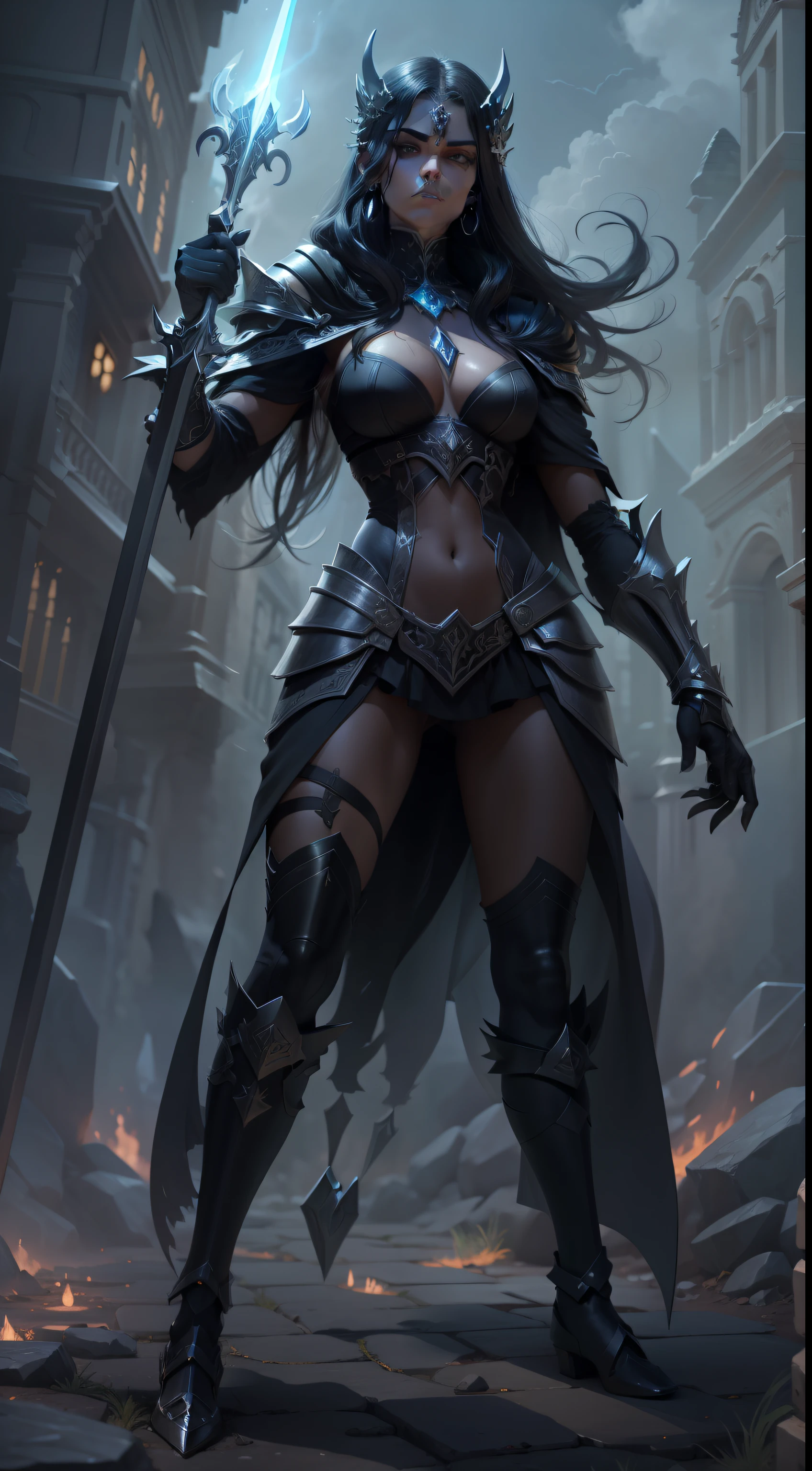 Clad in obsidian armor adorned with intricate silver runes, Blackfire stands tall and imposing. Their ebony cloak billows behind them, and their eyes shine with a piercing intensity. In their hand, they wield a sword crackling with dark arcane energy, a symbol of their dual mastery of magic and swordplay. The essence of shadows seems to dance around them, heightening their mystique.