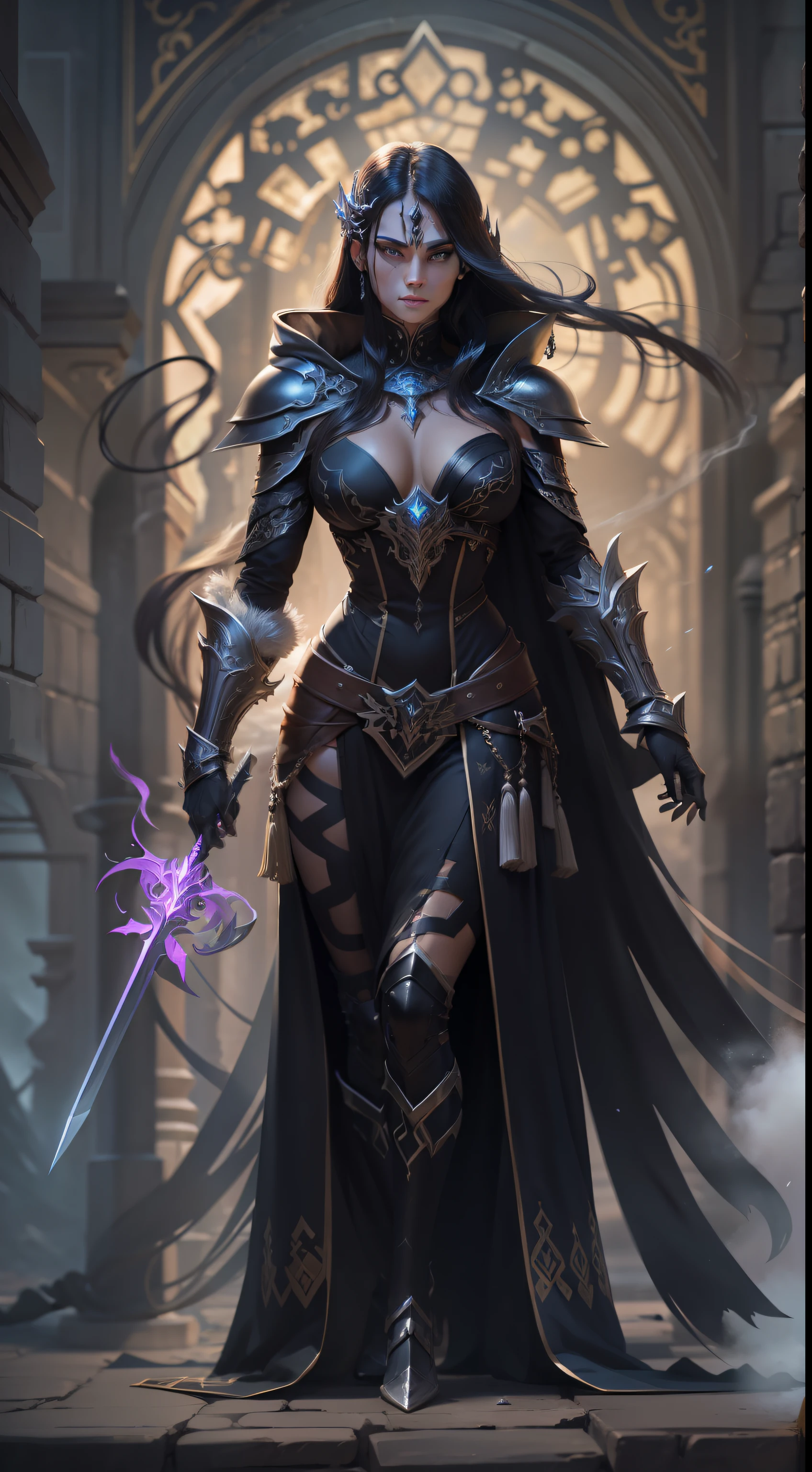 Clad in obsidian armor adorned with intricate silver runes, Blackfire stands tall and imposing. Their ebony cloak billows behind them, and their eyes shine with a piercing intensity. In their hand, they wield a sword crackling with dark arcane energy, a symbol of their dual mastery of magic and swordplay. The essence of shadows seems to dance around them, heightening their mystique.