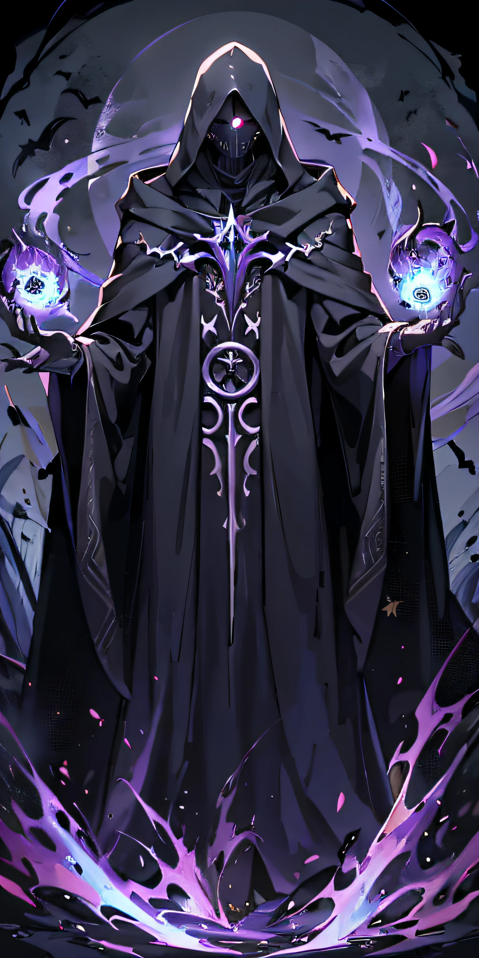 Anime cartoons,dark cloaked necromancer, dark hooded wraith, Lich Vikner (D&D), beautiful male god of death, dark cloaked figure, Dark Priest, D & d lich, dark flowing robe, thanatos, A harbinger of death, dark robed,Blank background,