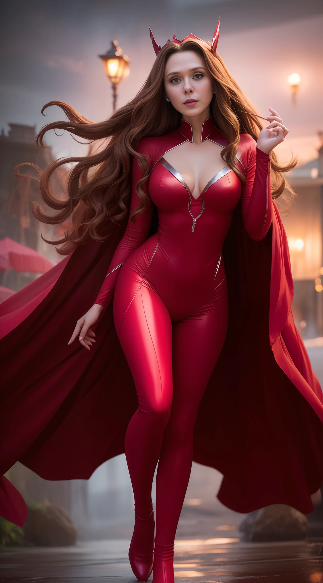 Elizabeth Olsen, linda, Cosplay da Feiticeira Escarlate, foto de corpo inteiro, tiara da feiticeira escarlate, (Melhor qualidade) (detalhe) (8K) (HD) (Papel de parede) (cinematic lighthing) (foco nítido) (Intrincado), Ultra high resolution, foto realista, retrato de corpo inteiro, textura de pele detalhada, pele altamente detalhada, rosto detalhado,