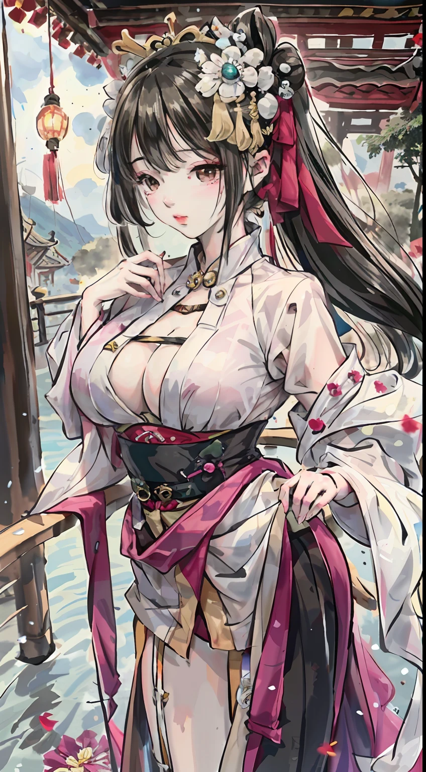 (masterpiece),best quality,good anatomy,shuimobysim,(1 girl:1),(The upper part of the body),(smile),short detailed hair:1.2,(Hanfu),Long coat,(ecchi),(On the bridge:1.2),(flowers: 0.6) ,themoon,Lanterns in ancient China,Delicate face,ssee-through,Pink clothes,full bodyesbian，closeup cleavage,Back hand,Taoist robes,upper legs,Held high, surrounded by cloud, chinadre,Overexposure,[Wet clothing:1.2],Bigchest,solo,[dolls],Bare with thighs,perfect thighs，Slender thighs，Superskirt, pleatedskirt,Chinese-style architecture，single hair bun，whaite hair，red - eyed，slanty eyes，Indifference，eye shadows，eyeline，Eyes visible through hair，high-heels，Ribbon sleeves，耳Nipple Ring，choker necklace，head gear，middlebreast，rays of sunshine，reflective light，Ray traching，Lori huge breasts cleavage, Phoenix crown vermilion robe, Blushlush