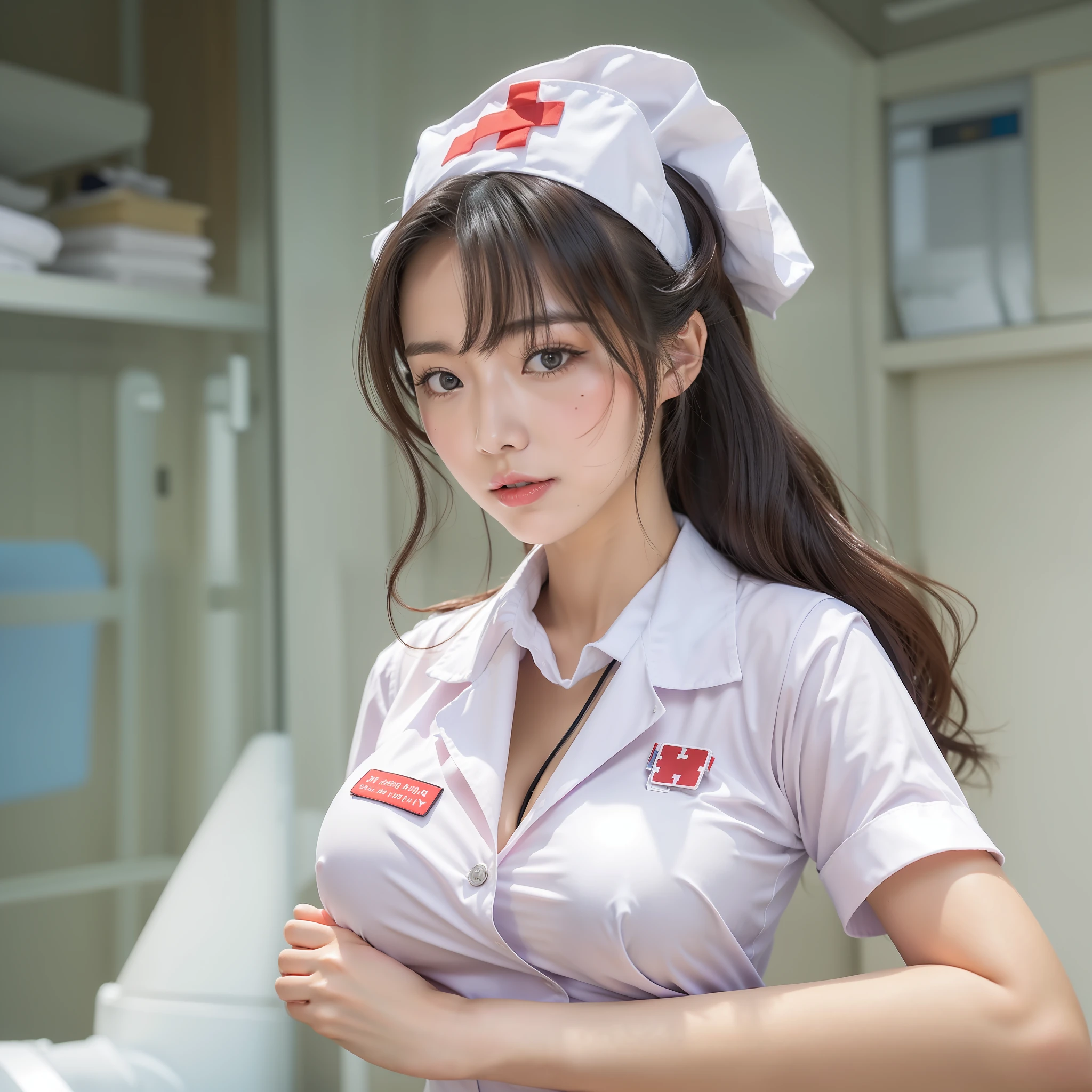 Girl in a white nurse's uniform，The appearance of a Hong Kong girl，18-year-old appearance， nurses uniform, nurse hat,Nurse's skirt，Full body photo， Nurse, huge tit，huge tit，gigantic cleavage breasts，Expose part of the chest，Sexy and seductive