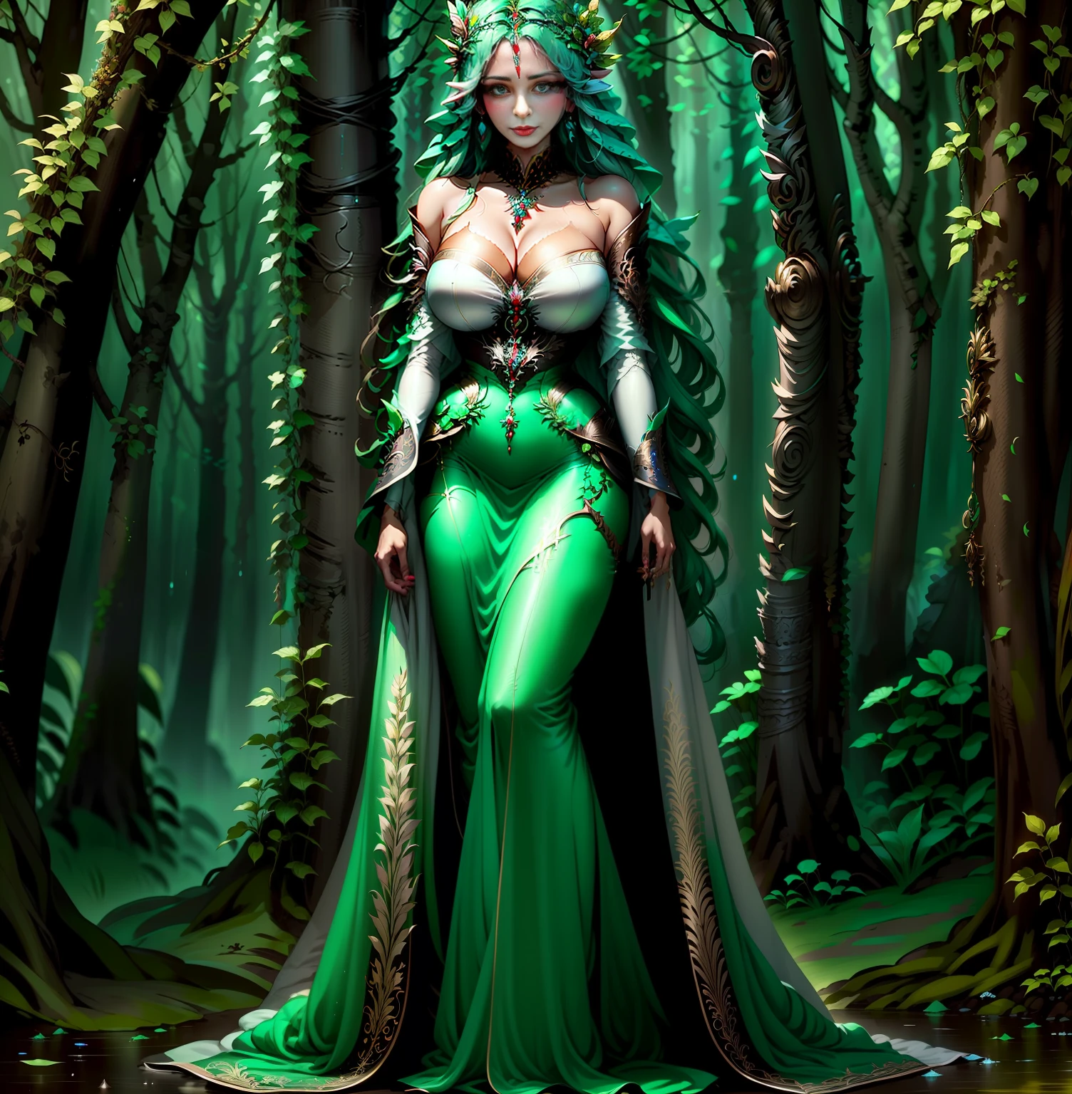 Mulher arafed em um vestido verde em uma floresta, Deusa da Floresta, Rainha da Floresta, fey queen of the summer forest, Deusa da Natureza, Rainha da Natureza, Dryad in the forest, Dryad elegante e bonita, deusa da natureza, Sacerdotisa elfa, Mitologia da Deusa da Terra, Rainha elfa bonita e elegante, muito bonito elven top model