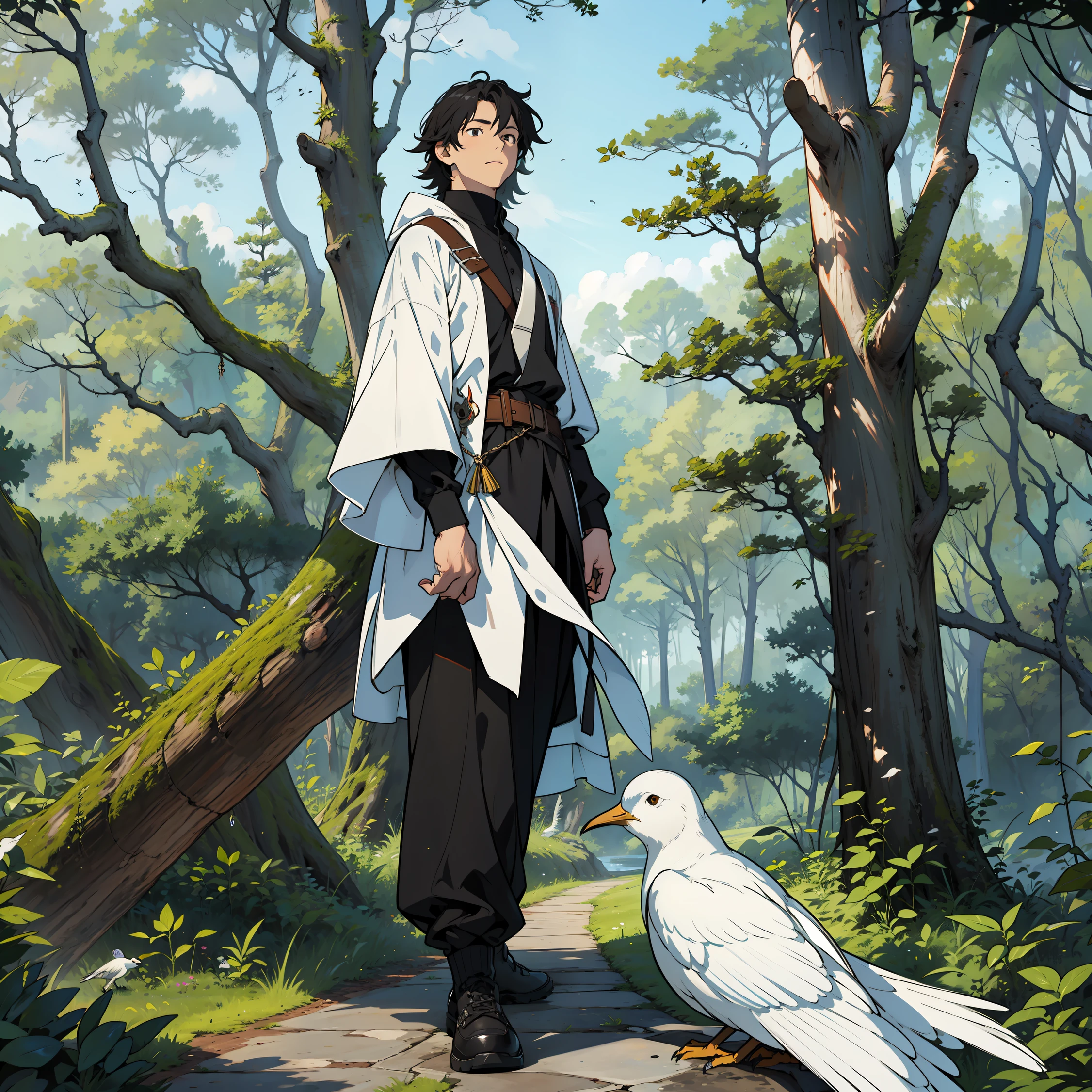 Surrounded by trees,A white bird stands on the shoulders of a boy in black