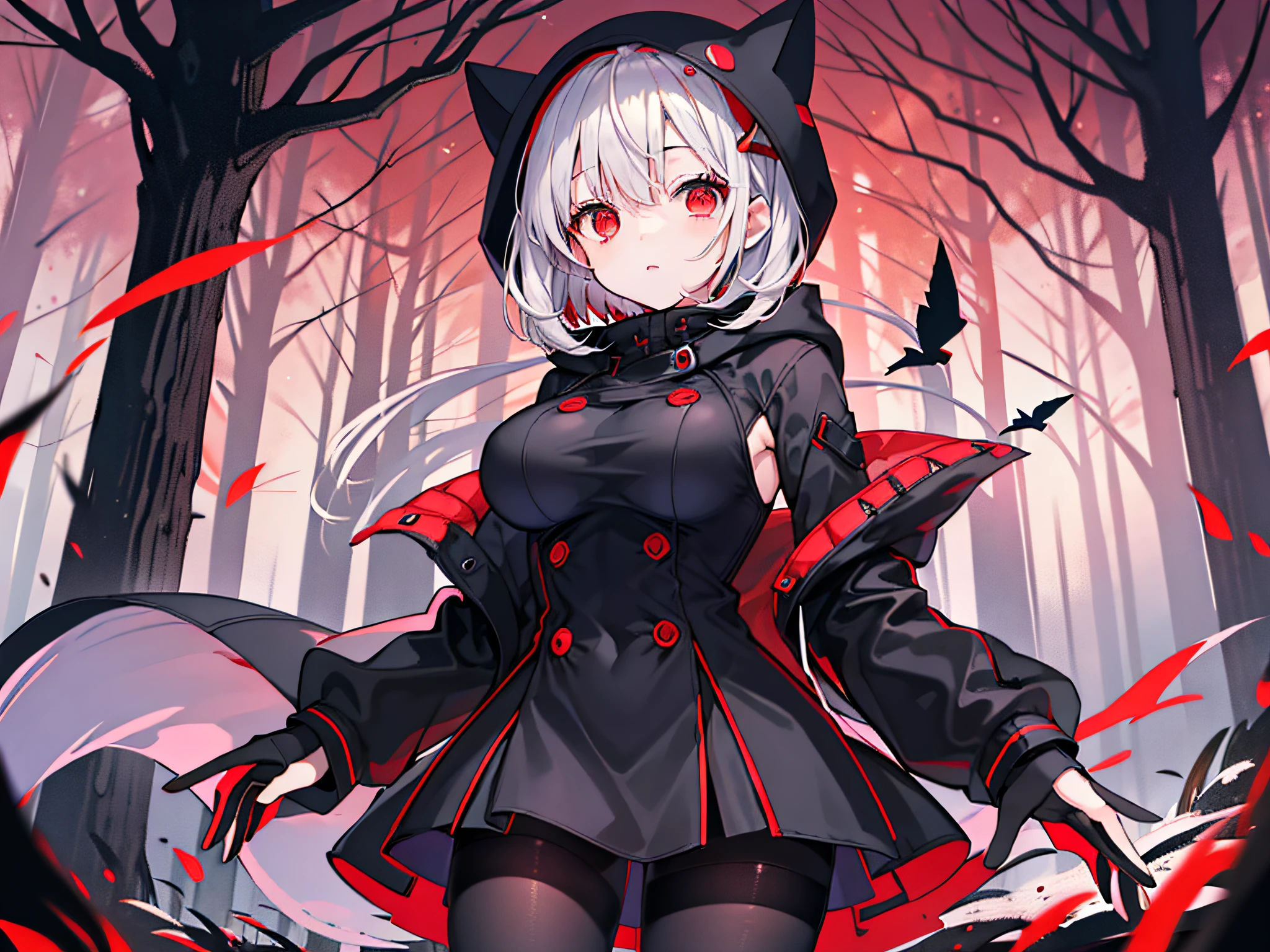 rumia,black pantyhose,young girl,shoulder cutout,big breasts,red eyes,solo,black parka,dreamy forest,midnight,starry sky