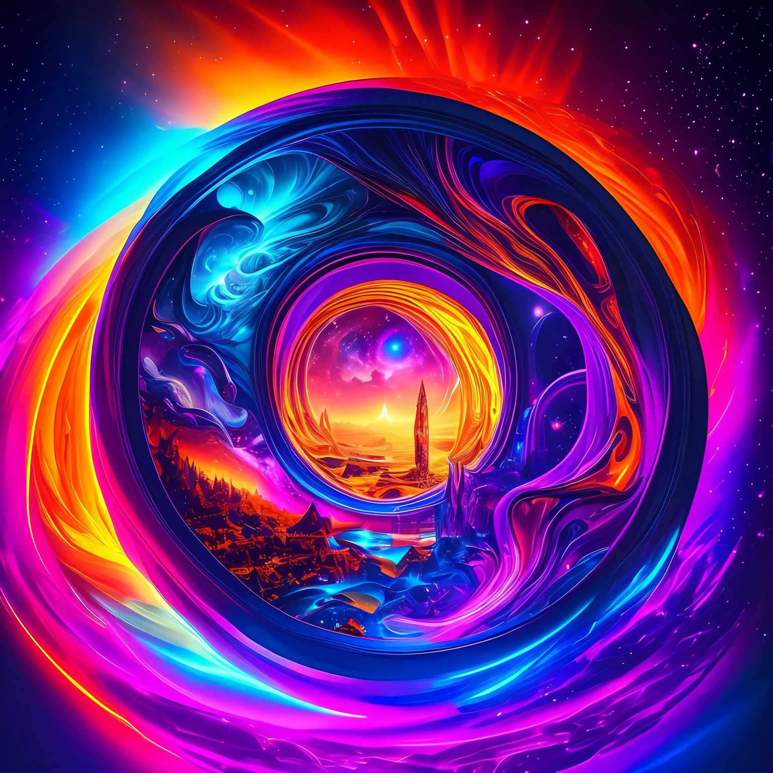(masterpiece, best quality, ultra-detailed, extremely detailed), floating, vibrant, dimension portal, mysterious, cosmic, abstract, high saturation, neon, glowing colors. --auto