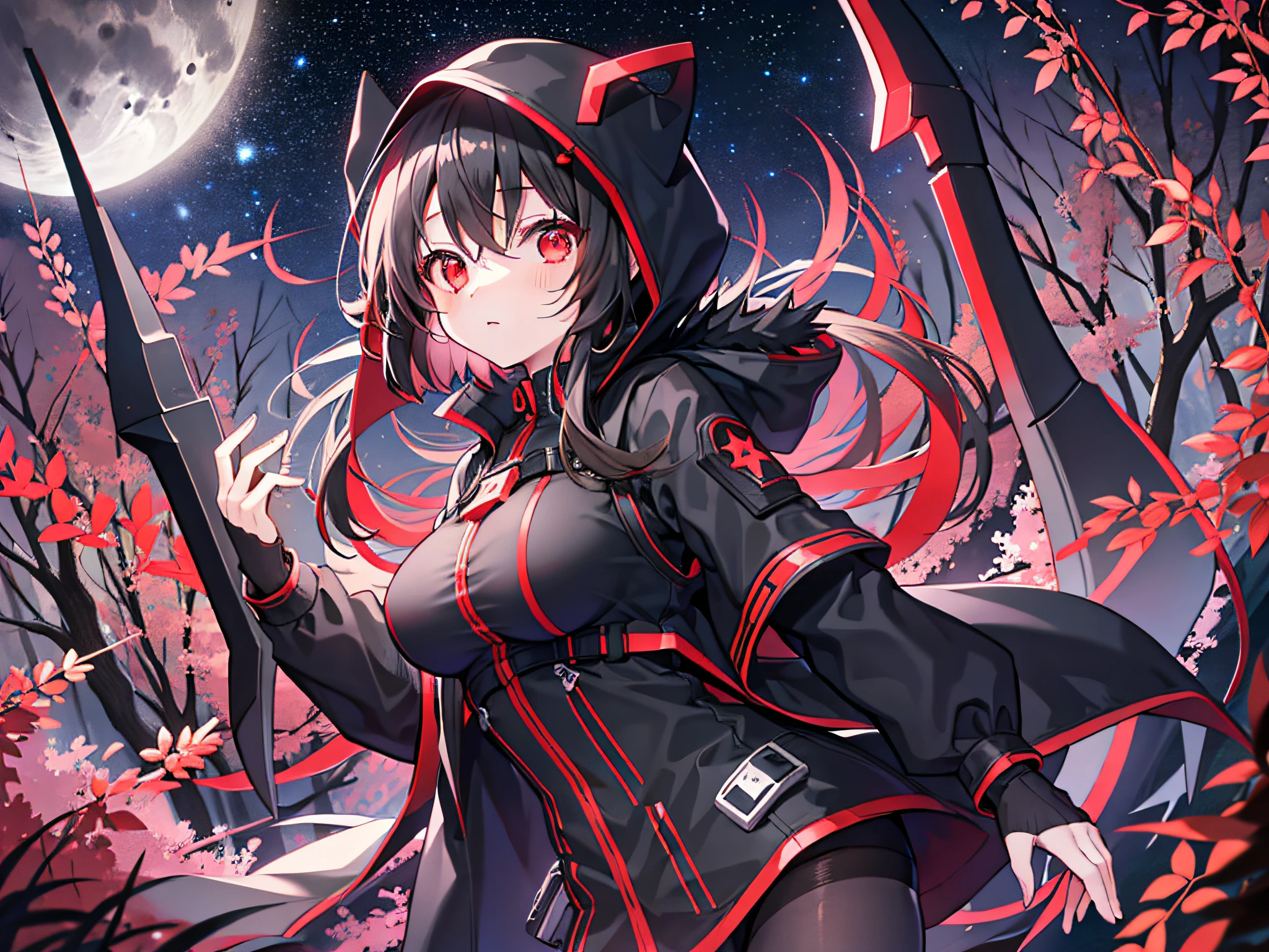 rumia,black pantyhose,young girl,shoulder cutout,big breasts,red eyes,solo,black parka,dreamy forest,midnight,starry sky