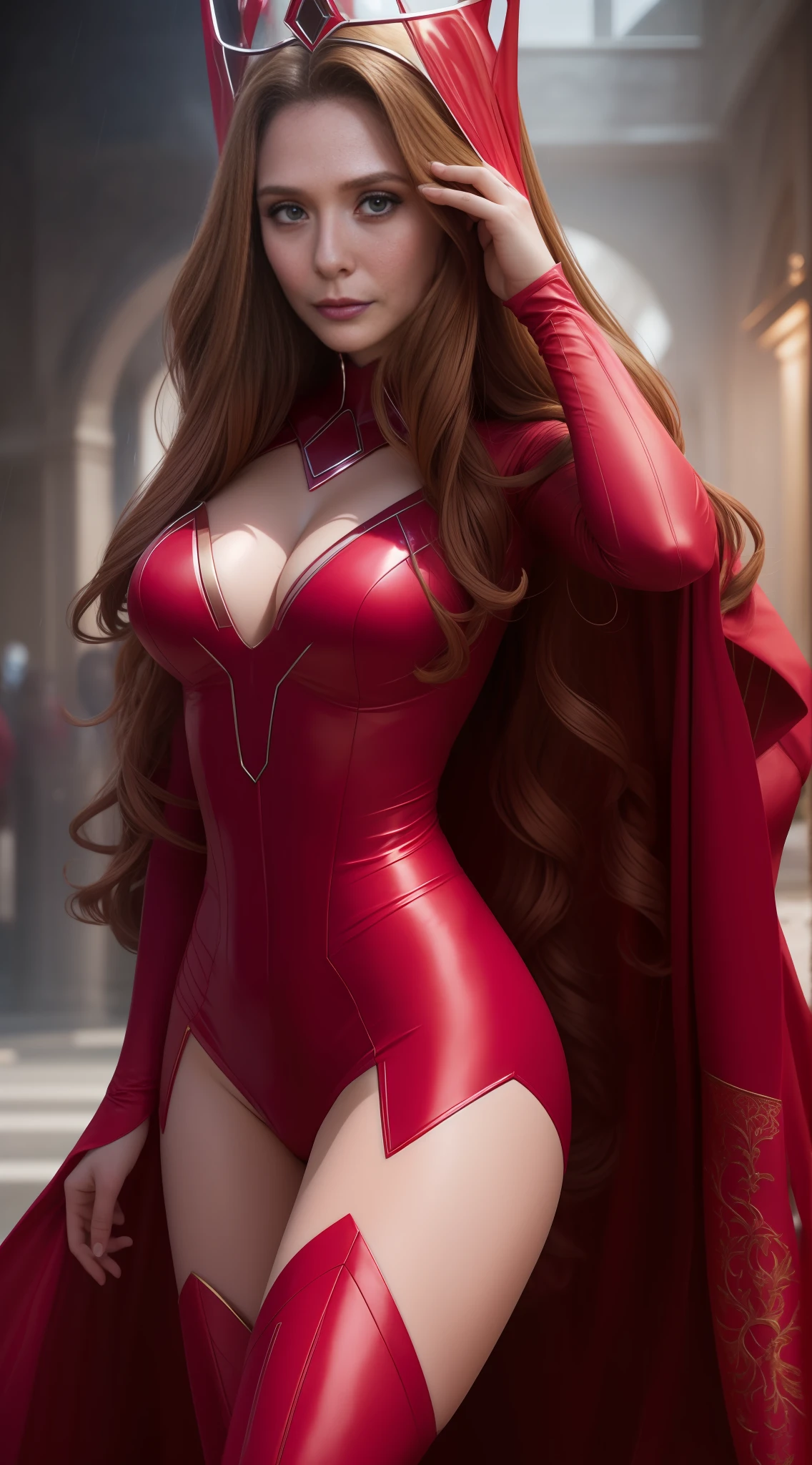 Elizabeth Olsen, beautiful, Scarlet Witch Cosplay, full body photo, scarlet witch tiara, red swimsuit, ((Scarlet Witch)), pink pantyhose, prominent figure, night, photo (Masterpiece) (Best quality) (detail) (8K) (HD) (Wallpaper) (Cinematic lighting) (Sharp focus) (Intricate), sexy, rain, best quality, ultra high resolution, realistic photo, full body portrait, incredibly beautiful, dynamic poses,  detailed skin texture, highly detailed skin, detailed face, beautiful legs, soil