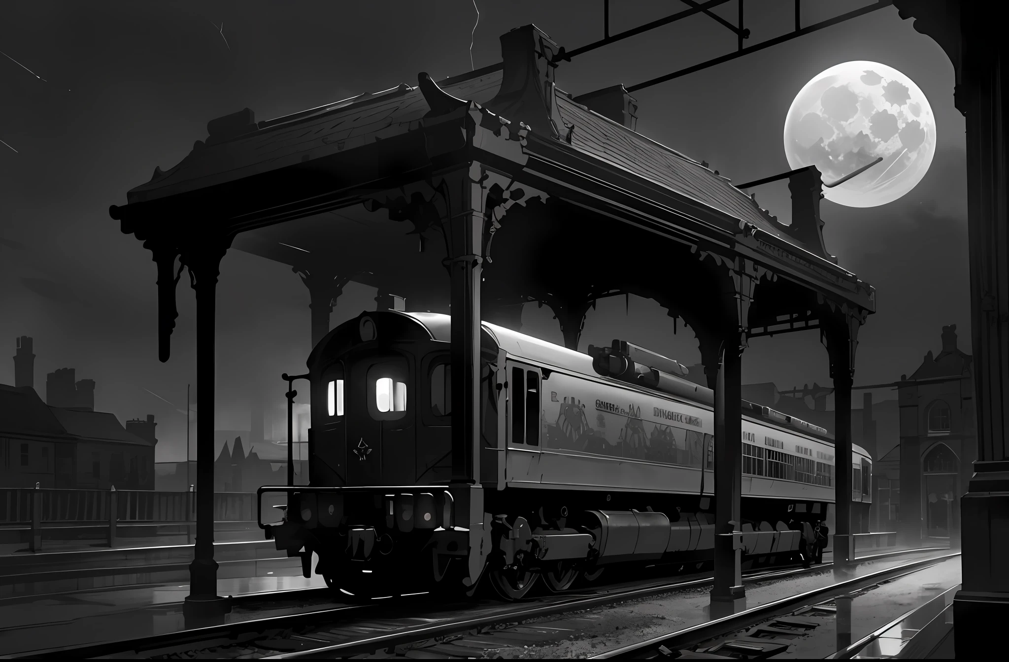 masterpiece, best quality, an empty train station, glass roof, heavy duty military train with (armor and gun turrets:1.2), no humans, Victorian architecture, intricate background, night time, dimly lit by the full moon, (thunderstorm:1.15) in background, monochrome