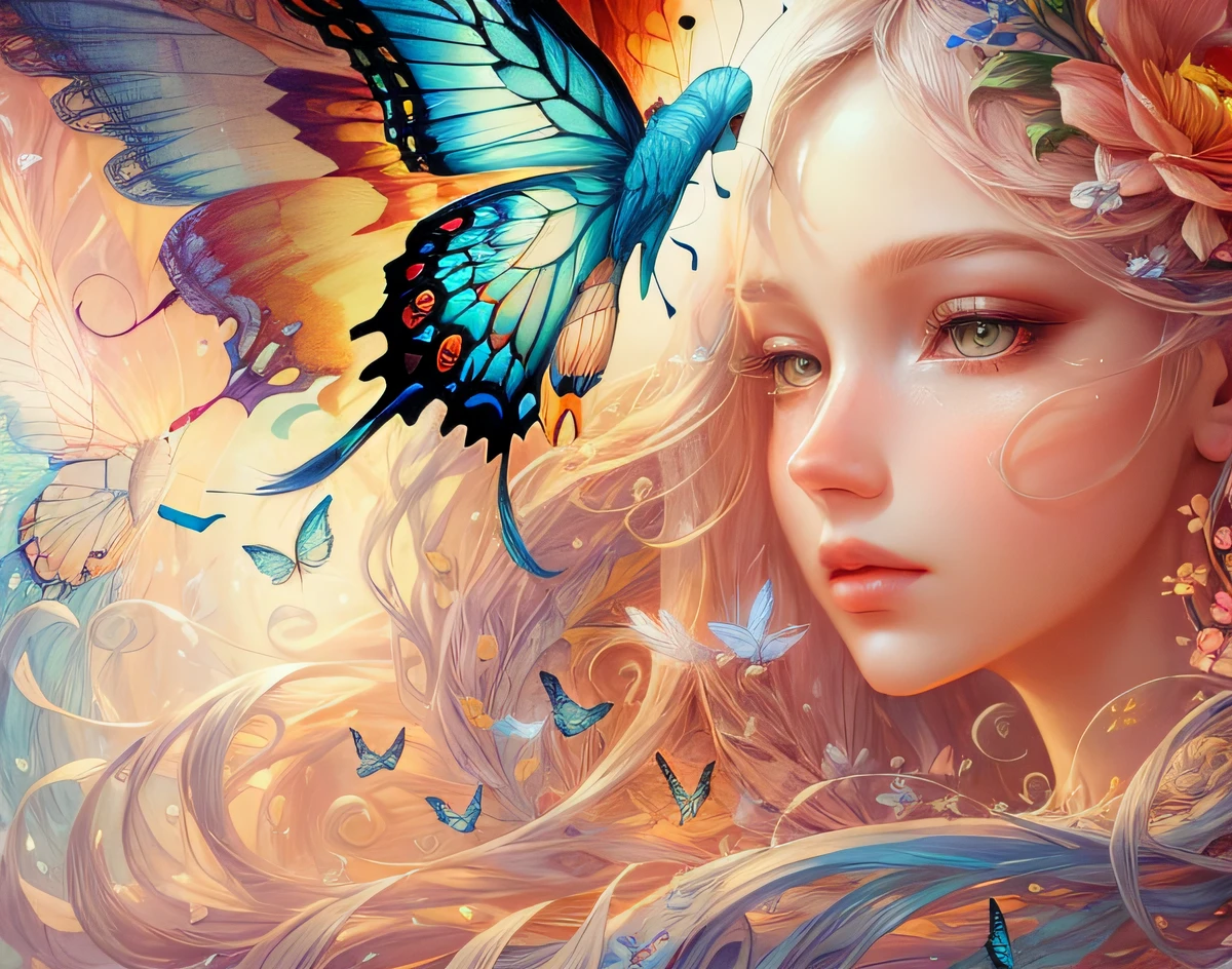 (illustration:1.3) Open-hearthm (by Artist Anna Dittman:1),Spring, paper art, 3D rendering of, Colorful, Beauty side face, Phoenix, Flowers, Butterflies, Lines, Best quality, Detailed details, Masterpiece, offcial art, Cinematic lighting effects, 4K,