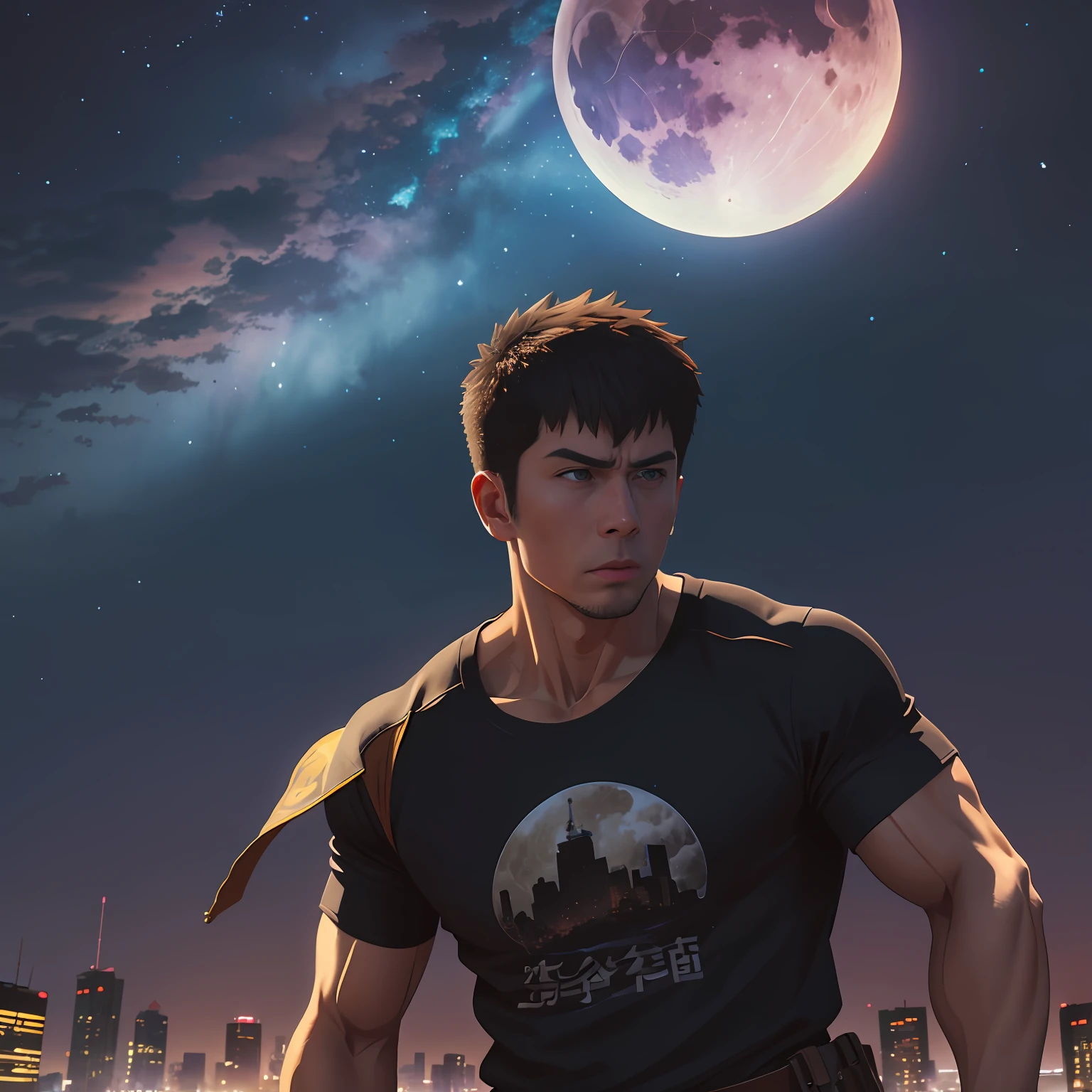 The male、Wear a T-shirt、The body is strong and powerful、Guard the city、Stand under the night sky、In the distant sky, the moon is shattering --auto
