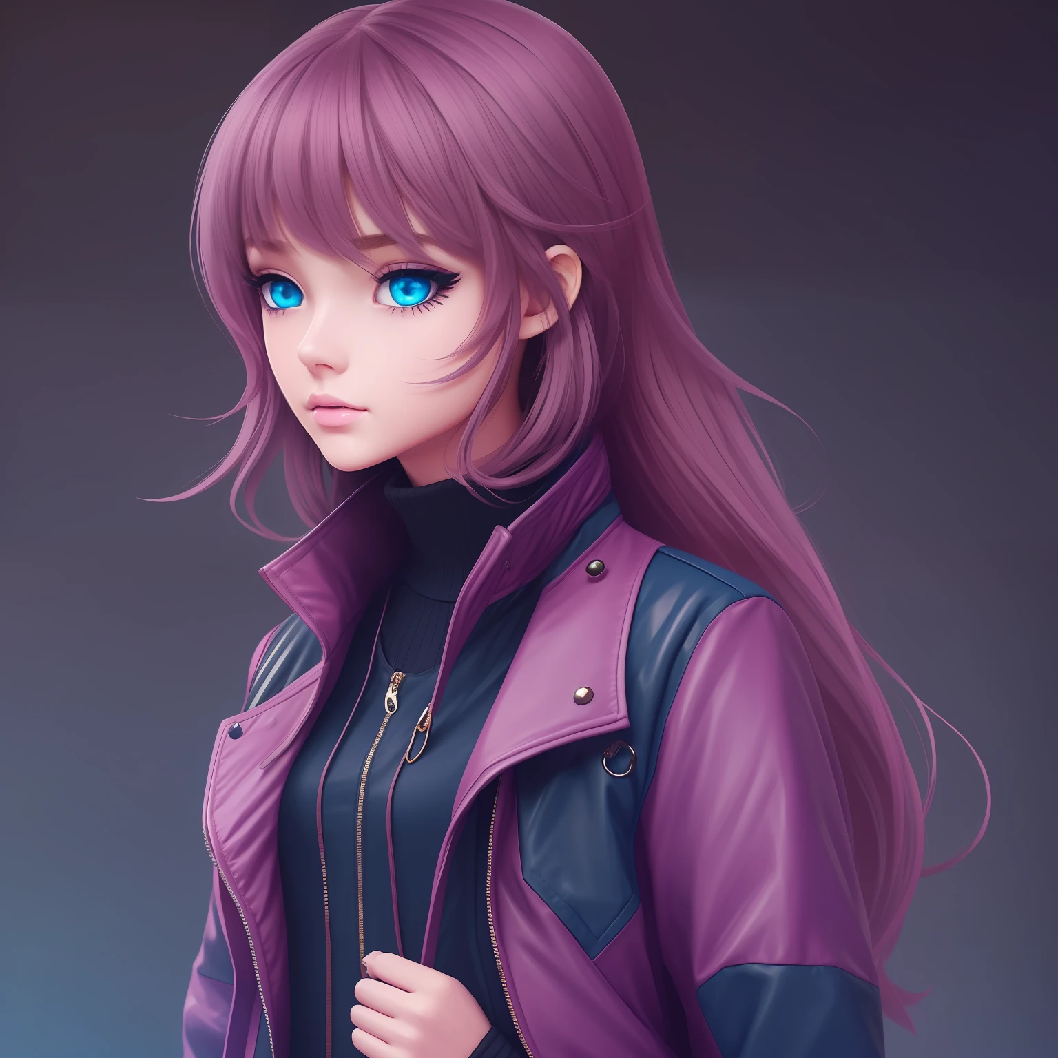 1girll, Super detail, Outstanding work, 8K facial detail, Delicate, high contrast, Black skirt, Purple-black hair, Tall figure,, cross-body bags,  Pink jacket, Blue eyes --auto