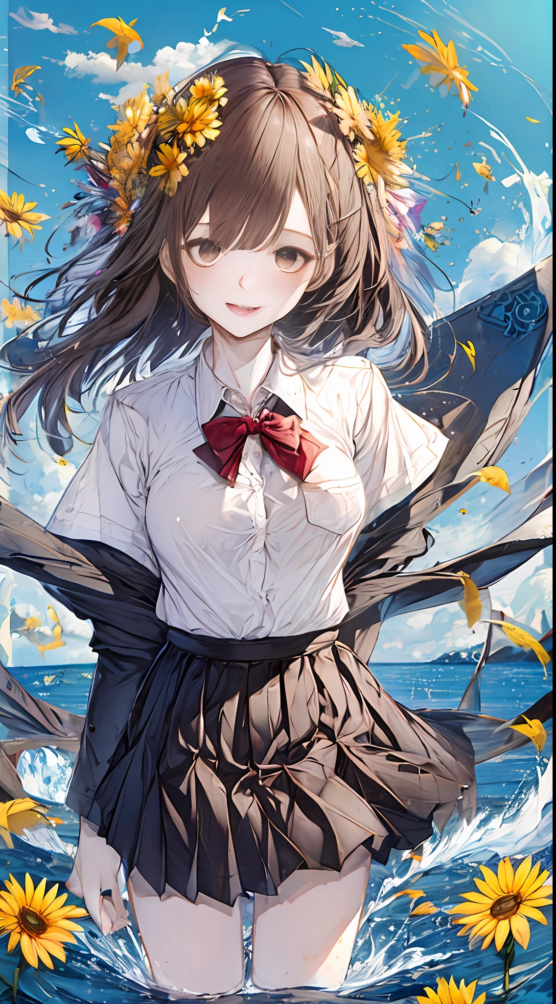 1girl, :d, air_bubble, arm_up, bangs, bare_legs, barefoot, beach, blue_skirt, blue_sky, blush, boat, bow, bowtie, breast_pocket, breasts, brown_eyes, brown_hair, bubble, caustics, cloud, cloudy_sky, collarbone, collared_shirt, day, dress_shirt, earth_\(planet\), eyebrows_visible_through_hair, floating_hair, flower, hair_flower, hair_ornament, hairclip, holding, holding_flower, horizon, island, lake, leg_up, long_hair, looking_at_viewer, medium_breasts, mountain, mountainous_horizon, ocean, open_mouth, orange_flower, outdoors, pink_flower, pleated_skirt, pool, poolside, red_bow, red_bowtie, red_flower, river, sand, school_uniform, shallow_water, shirt, shore, short_sleeves, signature, skirt, skirt_hold, sky, smile, solo, splashing, standing, standing_on_one_leg, striped, striped_bow, striped_bowtie, sunflower, sunflower_hair_ornament, sunlight, swimsuit, teeth, upper_teeth, wading, walking_on_liquid, water, water_drop, watercraft, waves, wet, white_flower, white_shirt, yellow_flower