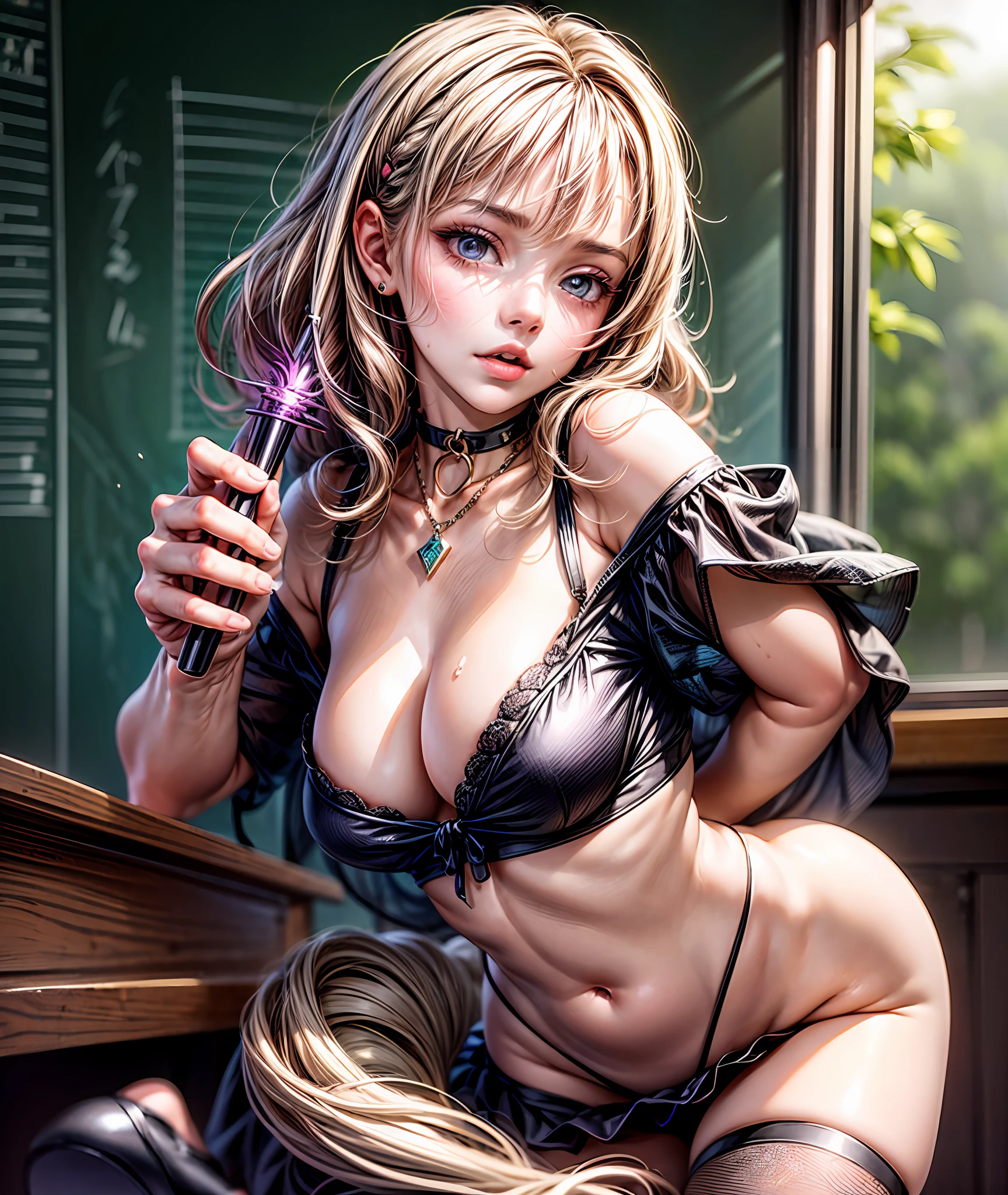 (8K,tmasterpiece,top Quority,realisticlying),(Hyper-detailing,artwork of a,Ultra-clear,Whole body diagram),(Serious:1.1),((Long pink wavy hair):1.3,beatiful detailed eyes,Perfect proportions,eyes with brightness,Light makeup,choker necklace,ear jewelry,Pink and moist lips),1. cute girly,School teachers,classroom desk,a chair,The blackboard is behind it,It's all beautiful girls,magical ,Black little suit with hip skirt,Black stockings with high heels,Pink wand wand,Brilliant streamers,Magic Array,Elegant and beautiful hairpins,Pink wavy curls,gigantic cleavage breasts,Small buttocks,Fair and moisturized skin,(The atmosphere is ambiguous,misty background,a fairy world:1.2)
