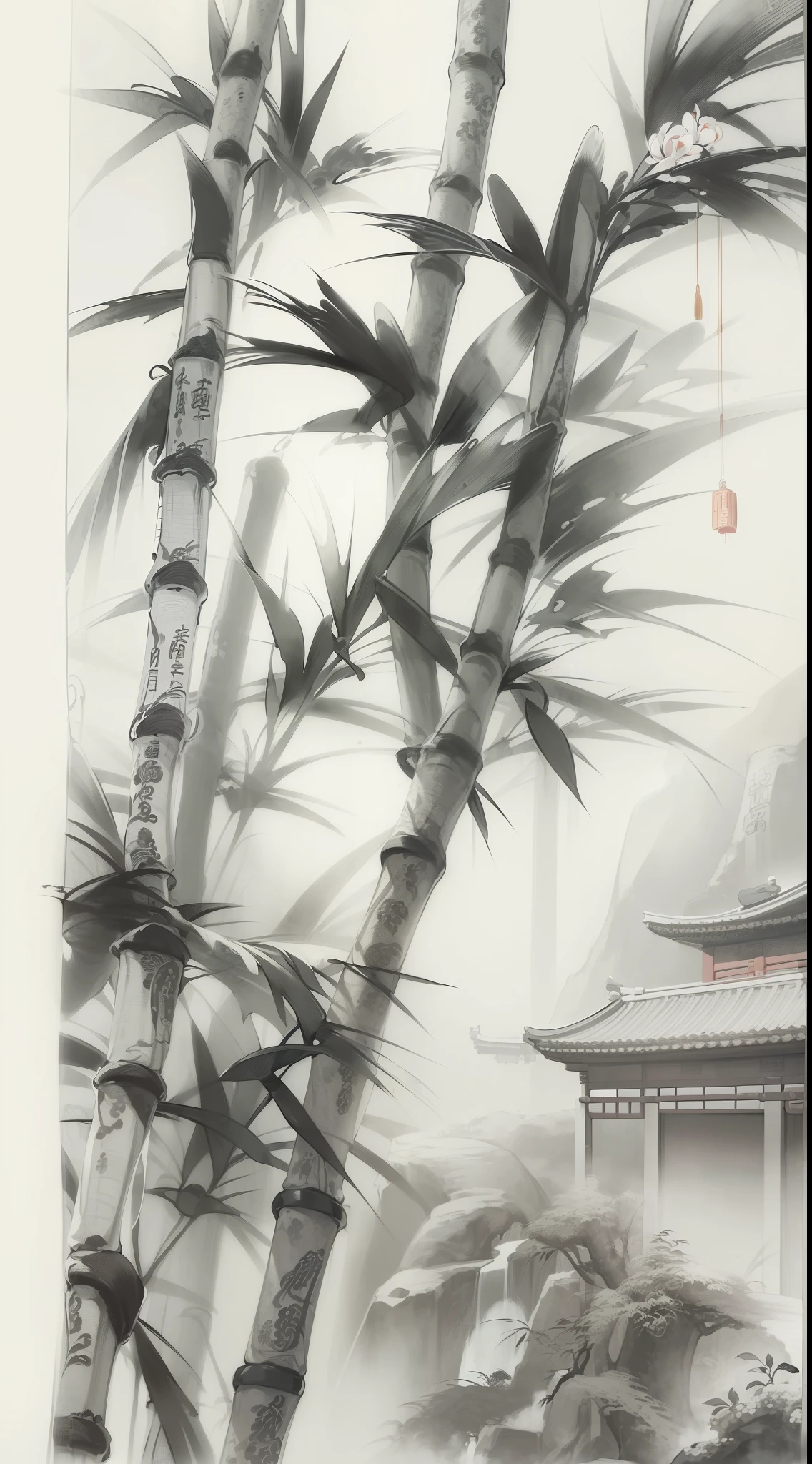 ((Traditional Chinese painting+China ink painting:1.2),(((tmasterpiece))),(((Best Picture Quality))),(((astonishing detail))),Perfect expression of bamboo,Black and white style,Photorealistic,Very detailed), NOhumans