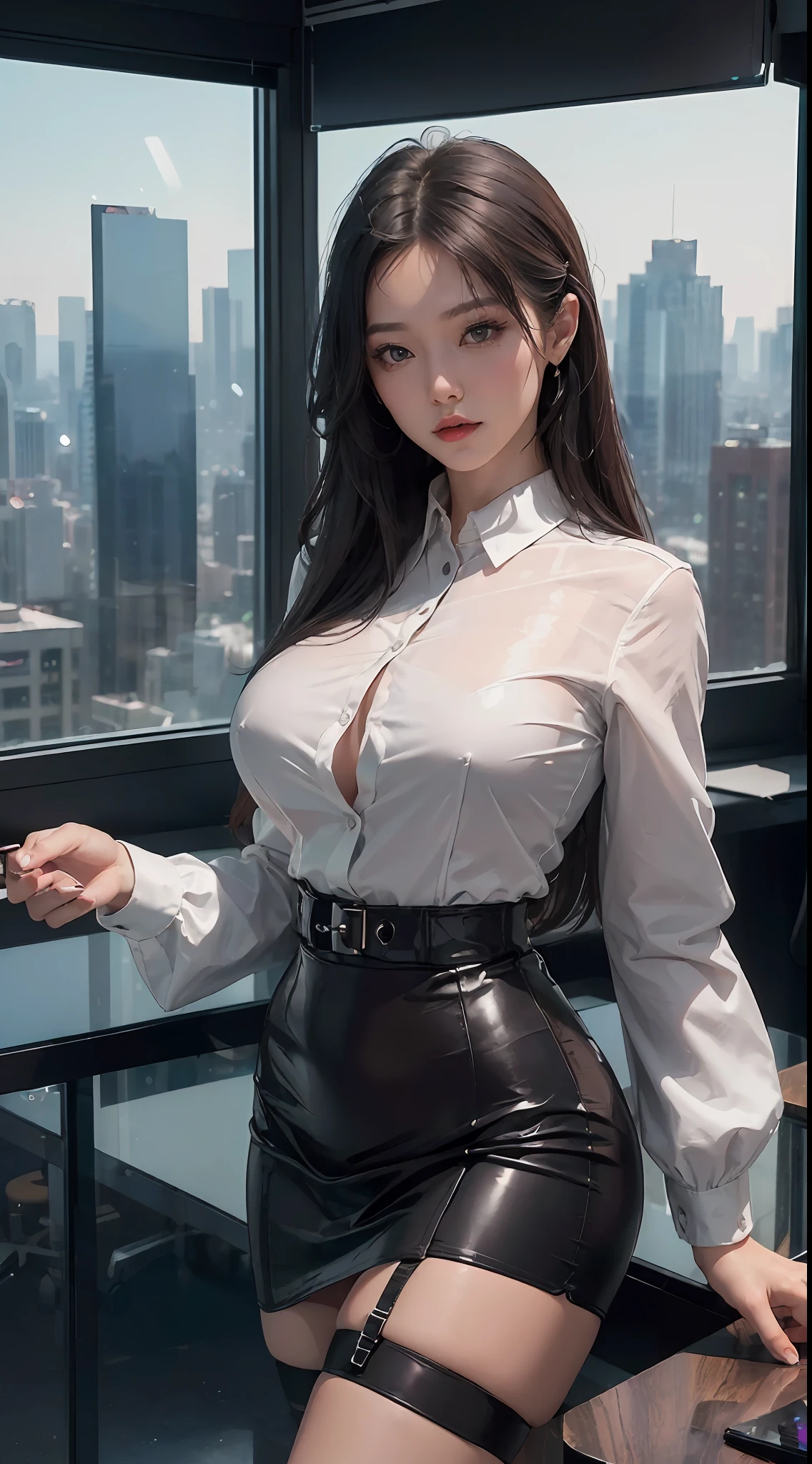 ((midynight, Need, 8K, tmasterpiece:1.3)),one-girl, full bodyesbian, Long legs, Focalors:1.2, perfect figure beautiful woman:1.4, Slim abs:1.1, ((Dark brown hair, huge tit:1.2 )), (White tight shirt, office uniform,Black silk skirt, standing on your feet:1.2), ((city night scene,Office floor-to-ceiling windows:1.3)), Highly detailed facial and skin texture, A detailed eye, largeeyes,cute face,Alafeld Asian woman posing for photo in shirt and short black silk skirt, very sexy outfit, Sexy style, Asian, Sexy girl, Sexy outfit, sexy body and sexy abdomen, spellbinding,spellbinding, Sexy look, stunning high tech, hot petite,, revealing outfit, seductive and powerful, Jaw-dropping beauty, seductive lady,((blacksilk:1.5 )),((black lence stockings:1.5 ))