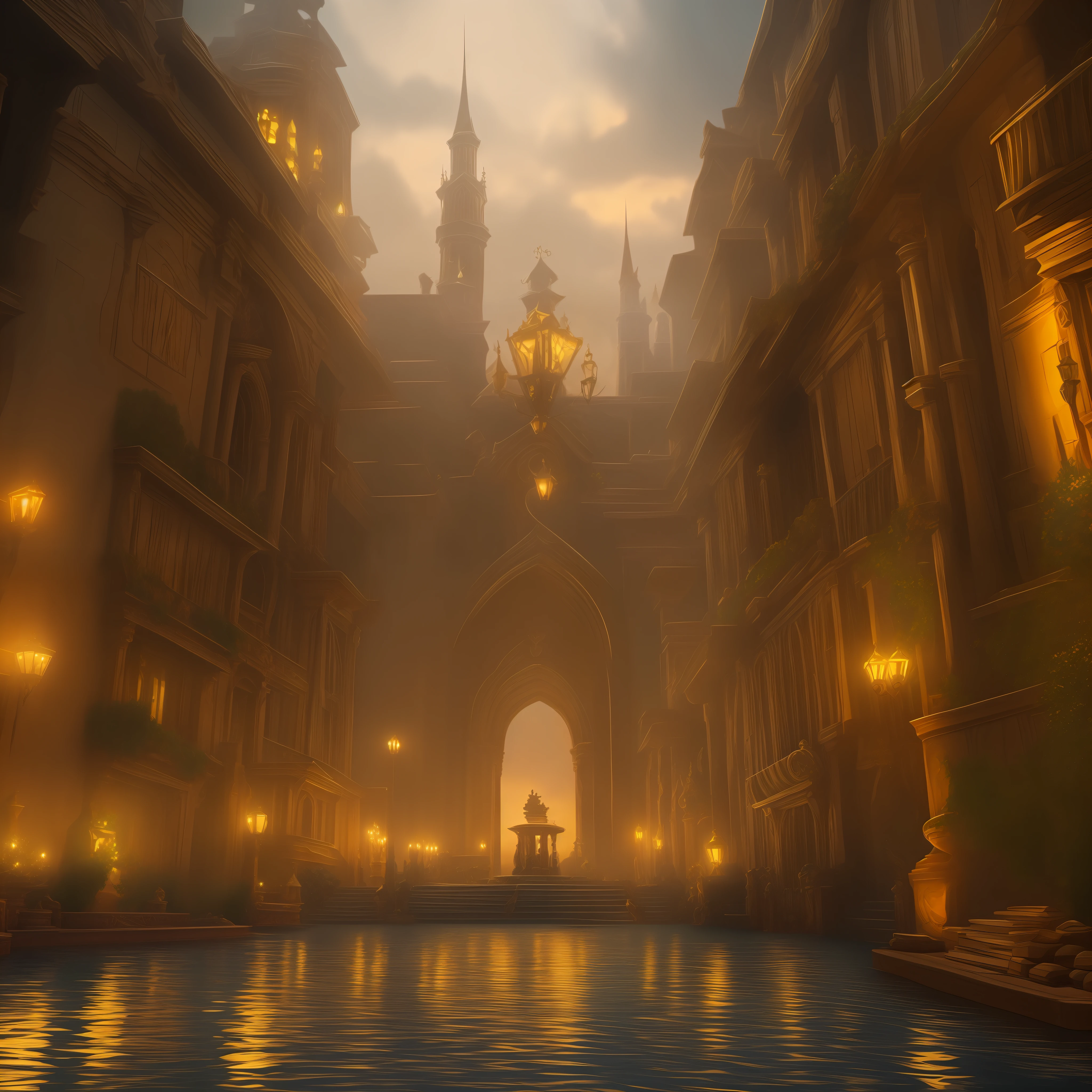 A magnificent and cinematic magical academy, made entirely out of pure gold, with a magical and enchanting atmosphere.